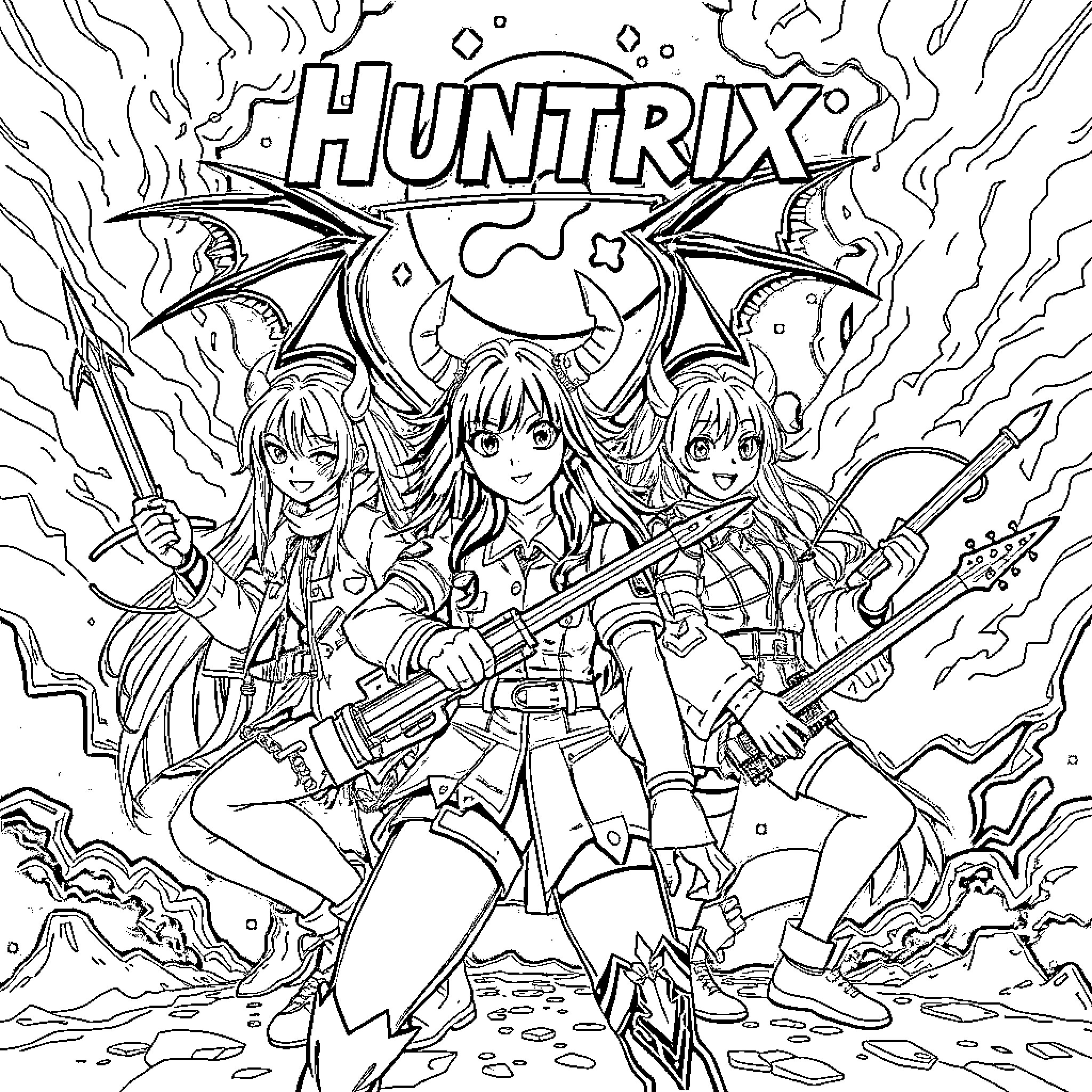 Huntrix: Fierce Heroines in Action Coloring Page (free black-and-white line drawing printable PDF for all, from beginners to advanced learners, including children, teens, adults, and seniors)