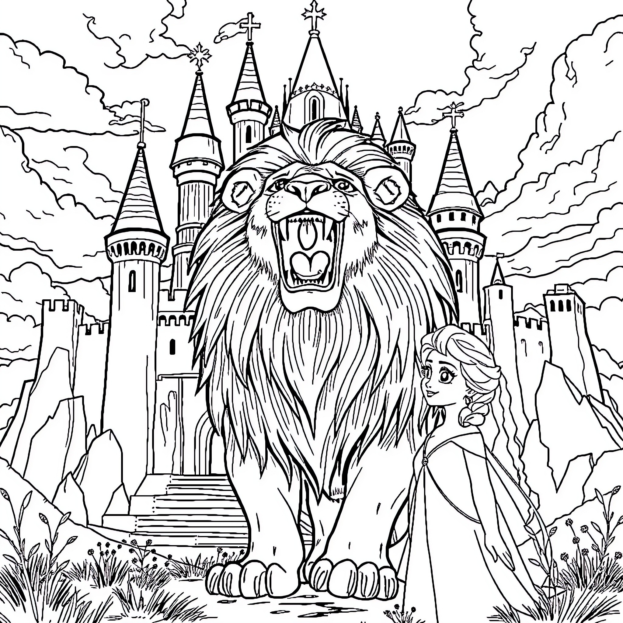 Lion guarding the enchanted castle Coloring Page (free black-and-white line drawing printable PDF for all, from beginners to advanced learners, including children, teens, adults, and seniors)