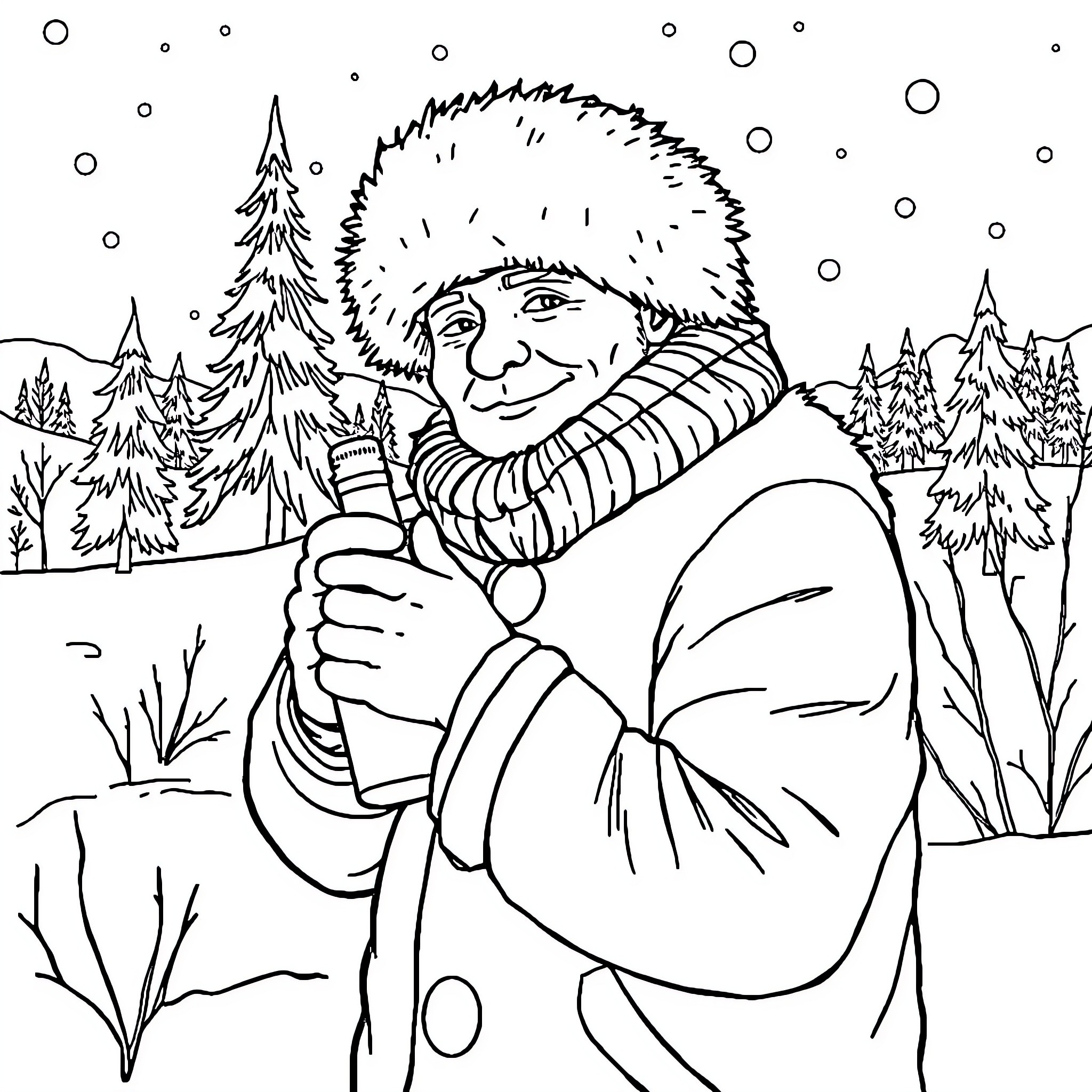 Chossid enjoying winter's snowy landscape Coloring Page (free black-and-white line drawing printable PDF for all, from beginners to advanced learners, including children, teens, adults, and seniors)