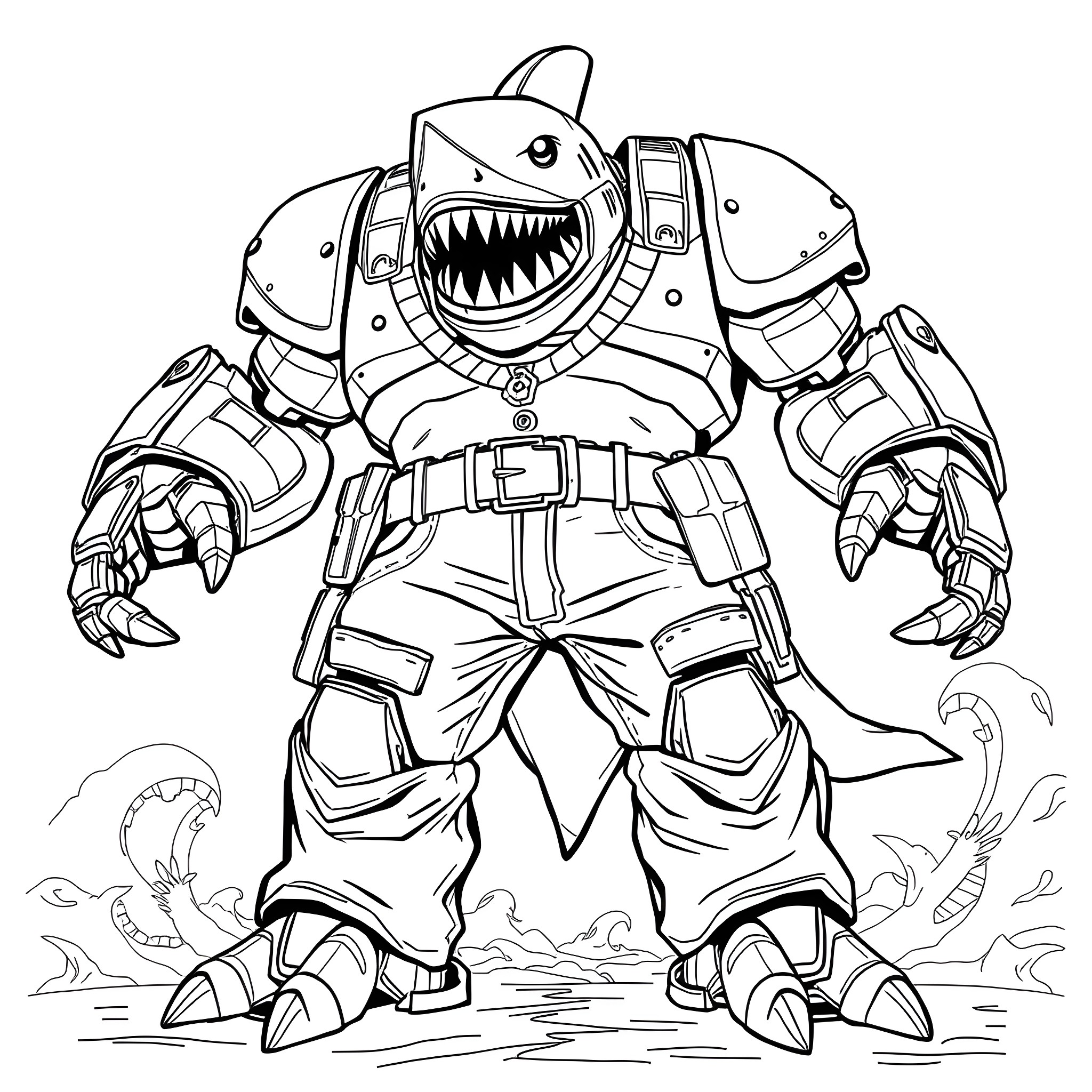 Shark-like robot warrior in battle gear Coloring Page (free black-and-white line drawing printable PDF for all, from beginners to advanced learners, including children, teens, adults, and seniors)