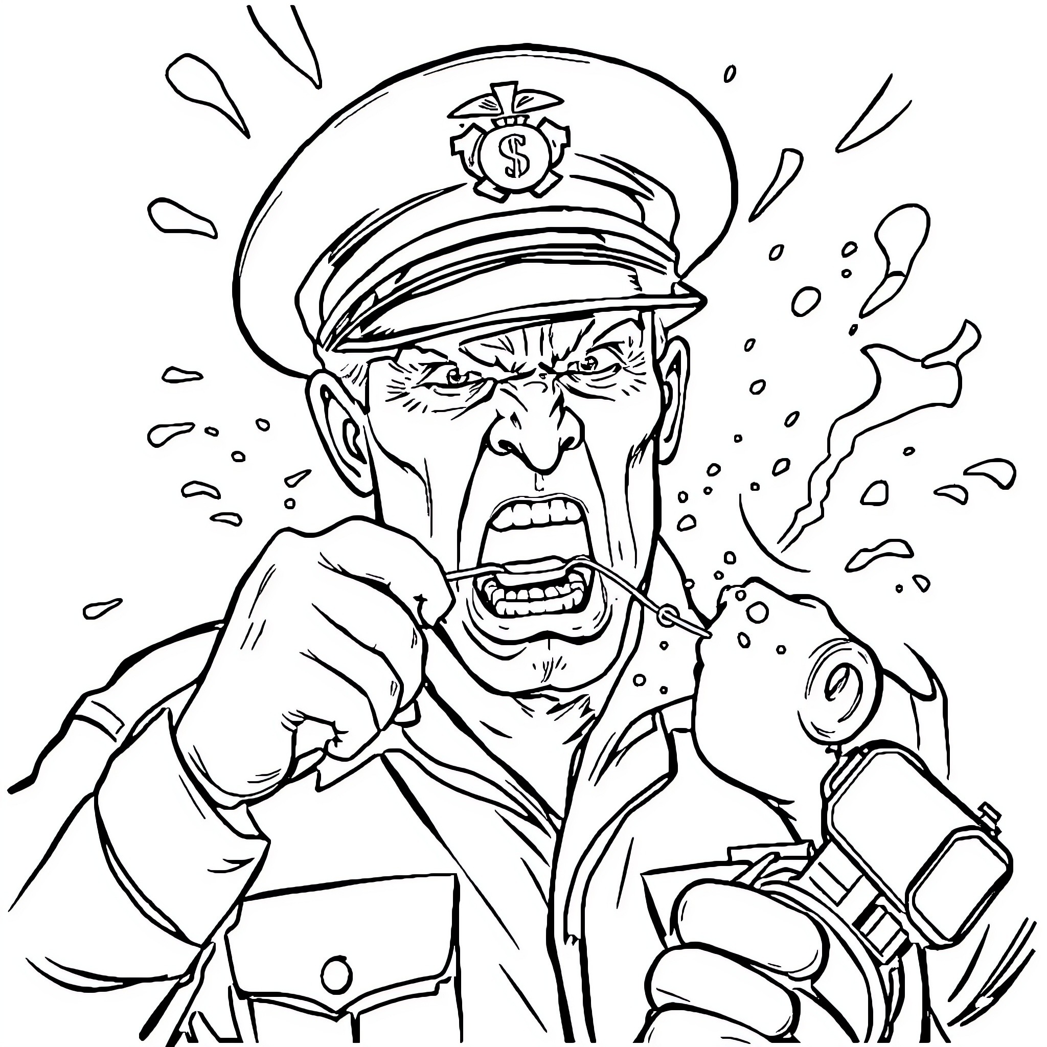 Drill Instructor Yelling Aggressively with Intense Expression Coloring Page (free black-and-white line drawing printable PDF for all, from beginners to advanced learners, including children, teens, adults, and seniors)