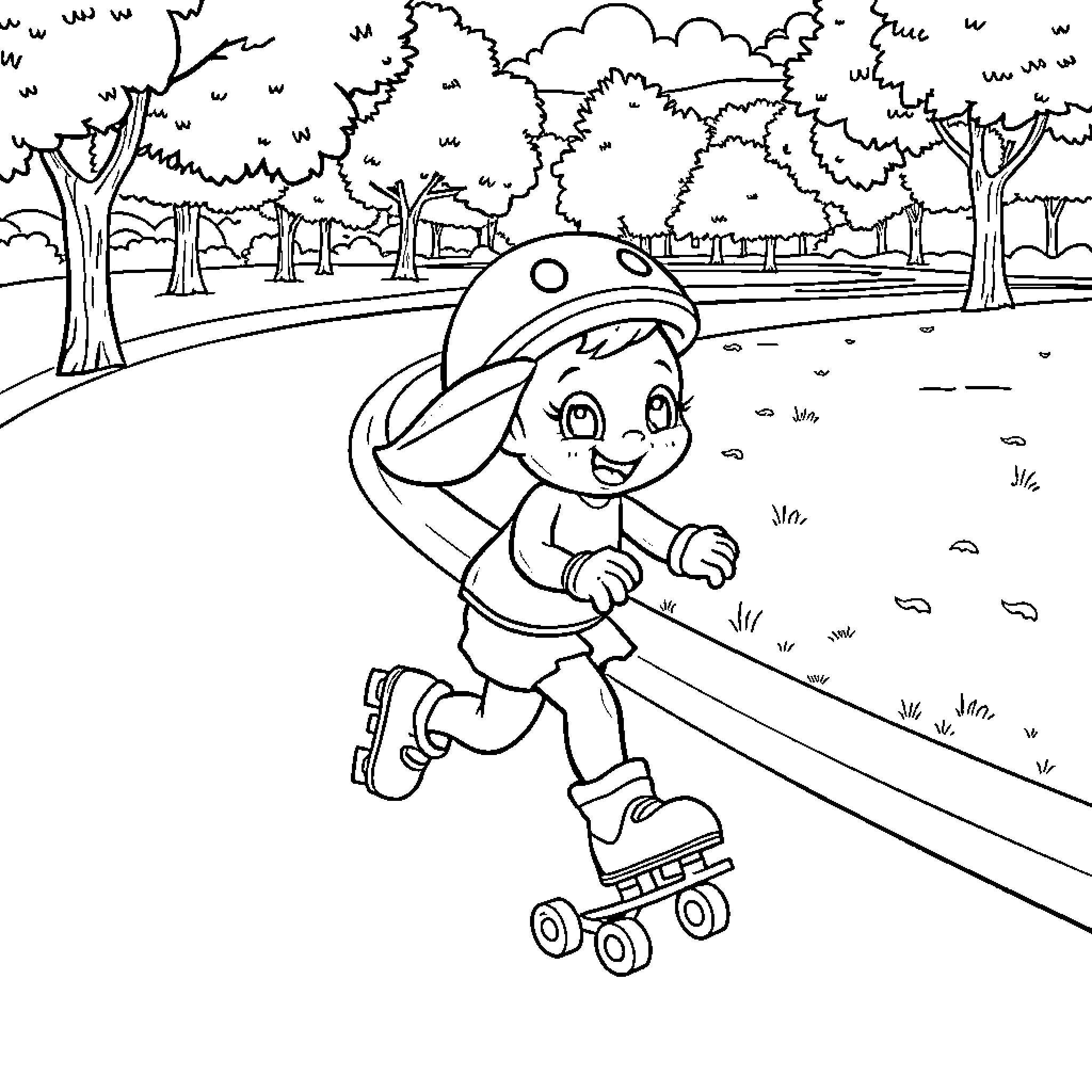 Bluey Rollerskating in the Park Coloring Page (free black-and-white line drawing printable PDF for all, from beginners to advanced learners, including children, teens, adults, and seniors)