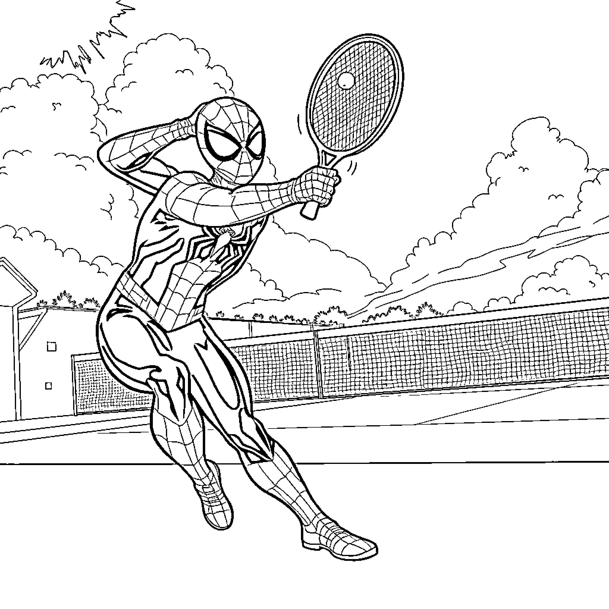 Spider-Man playing tennis on the court Coloring Page (free black-and-white line drawing printable PDF for all, from beginners to advanced learners, including children, teens, adults, and seniors)