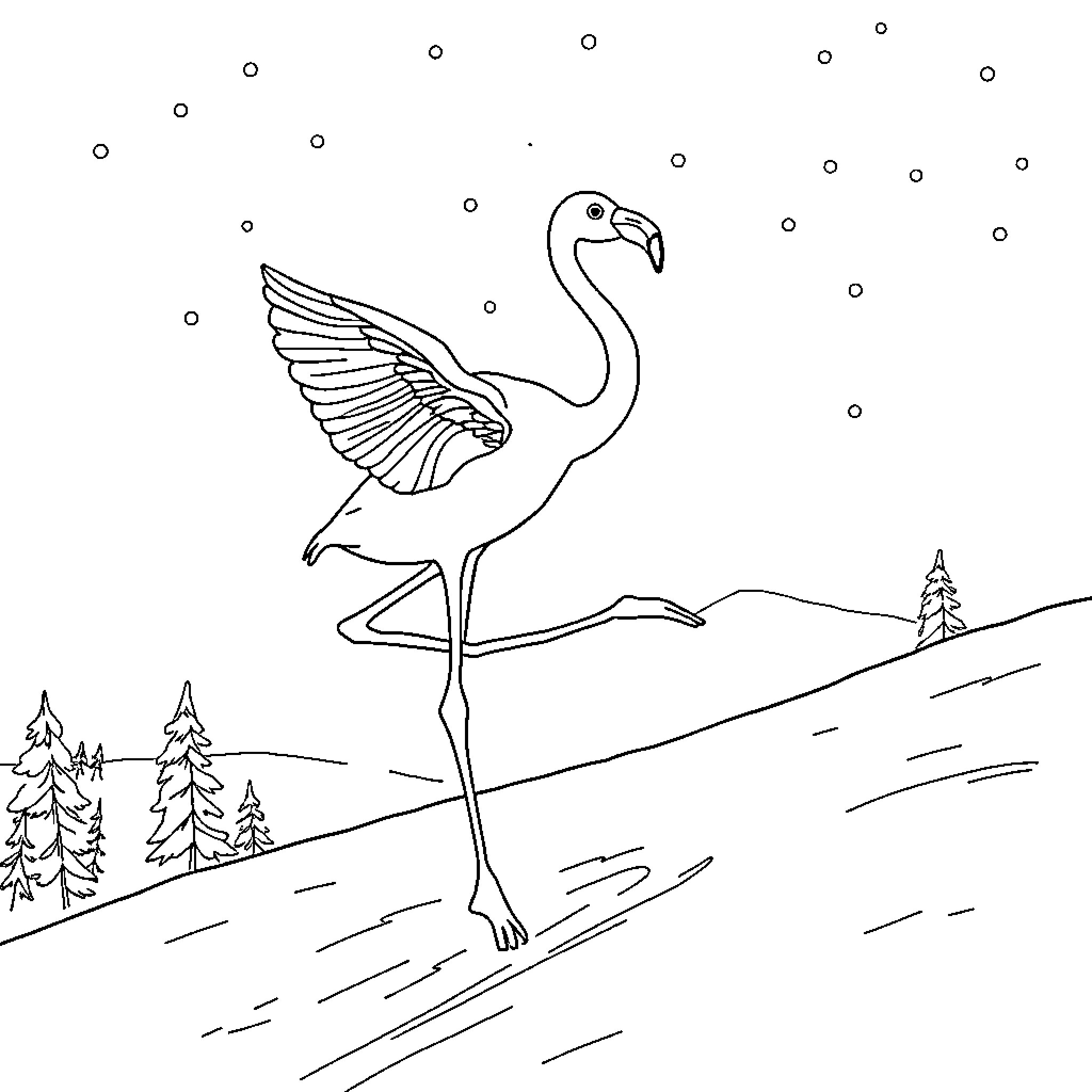 Flamingo strutting gracefully in the snowy landscape Coloring Page (free black-and-white line drawing printable PDF for all, from beginners to advanced learners, including children, teens, adults, and seniors)