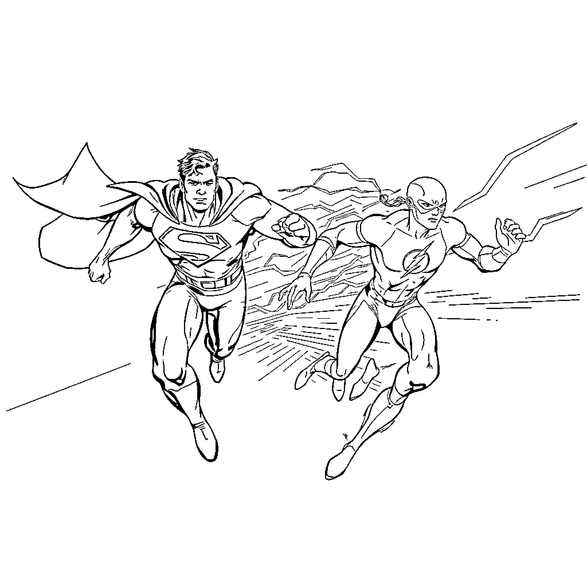 Superman and Flash soaring through the skies Coloring Page (free black-and-white line drawing printable PDF for all, from beginners to advanced learners, including children, teens, adults, and seniors)
