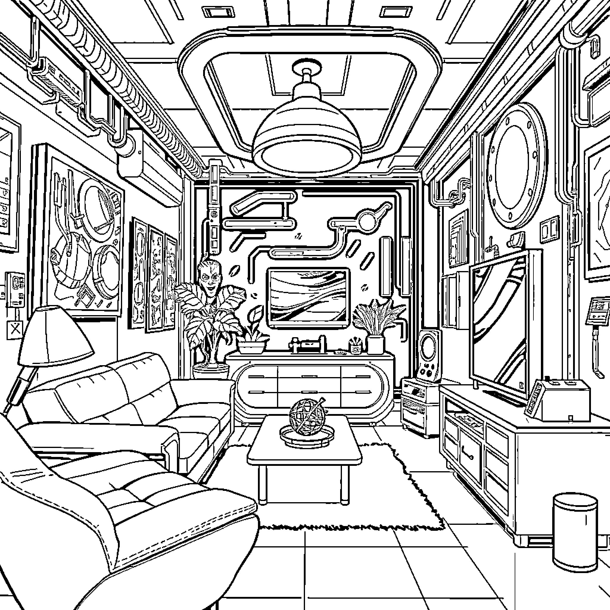 Cyberpunk Interior Design with Futuristic Elements Coloring Page (free black-and-white line drawing printable PDF for all, from beginners to advanced learners, including children, teens, adults, and seniors)