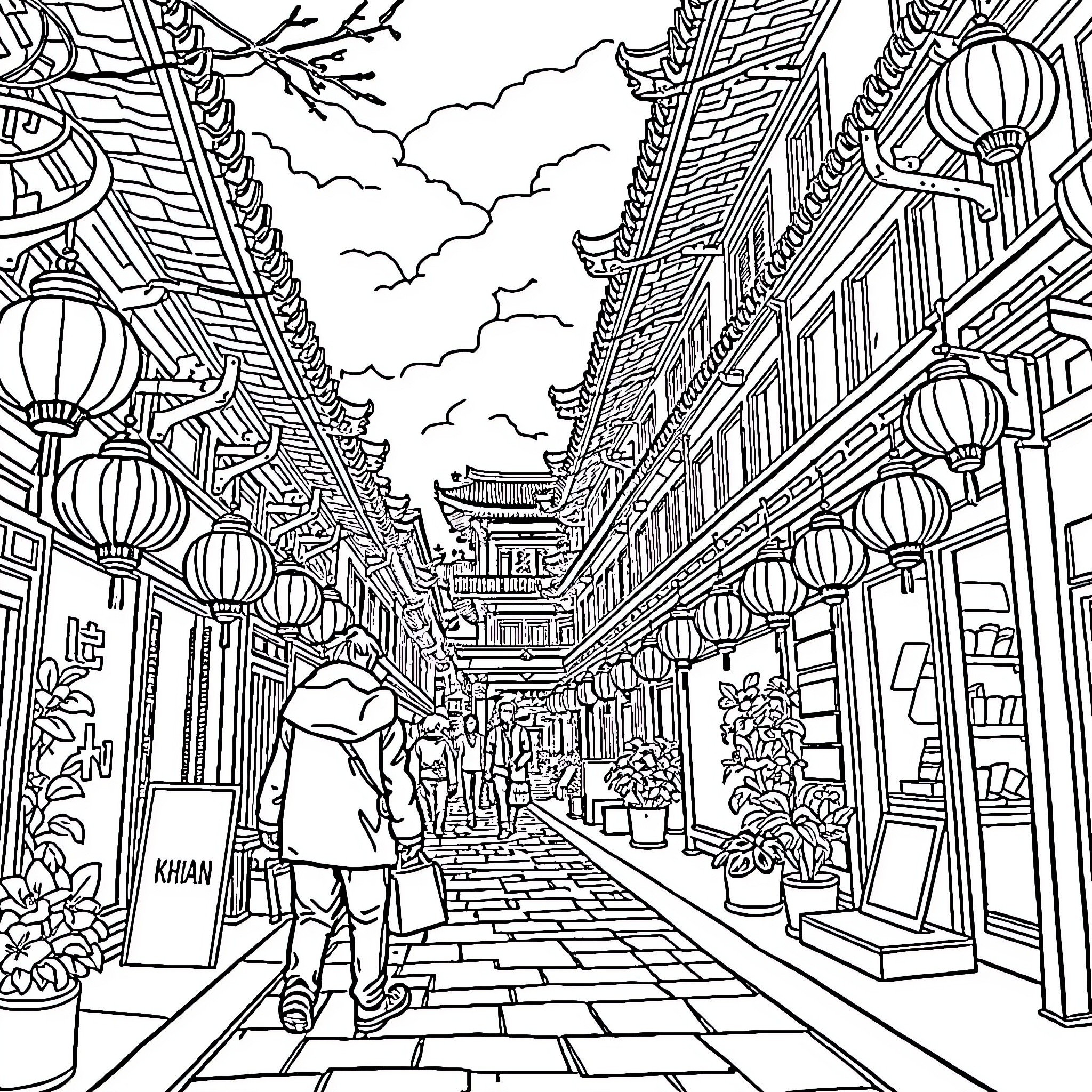 Bluey's Journey Through the Vibrant Asian Street Coloring Page (free black-and-white line drawing printable PDF for all, from beginners to advanced learners, including children, teens, adults, and seniors)