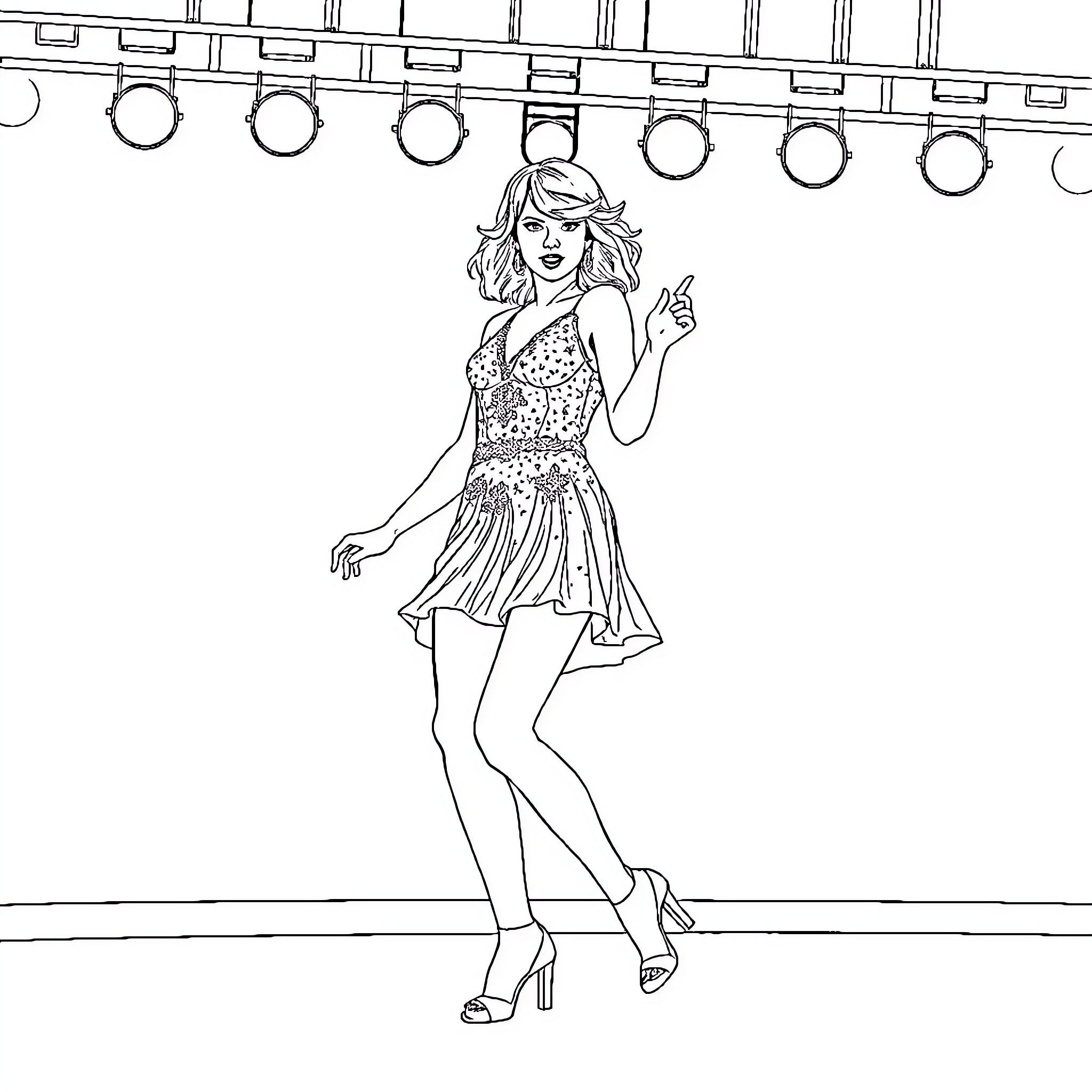 Taylor Swift performing on stage in stylish outfit Coloring Page (free black-and-white line drawing printable PDF for all, from beginners to advanced learners, including children, teens, adults, and seniors)