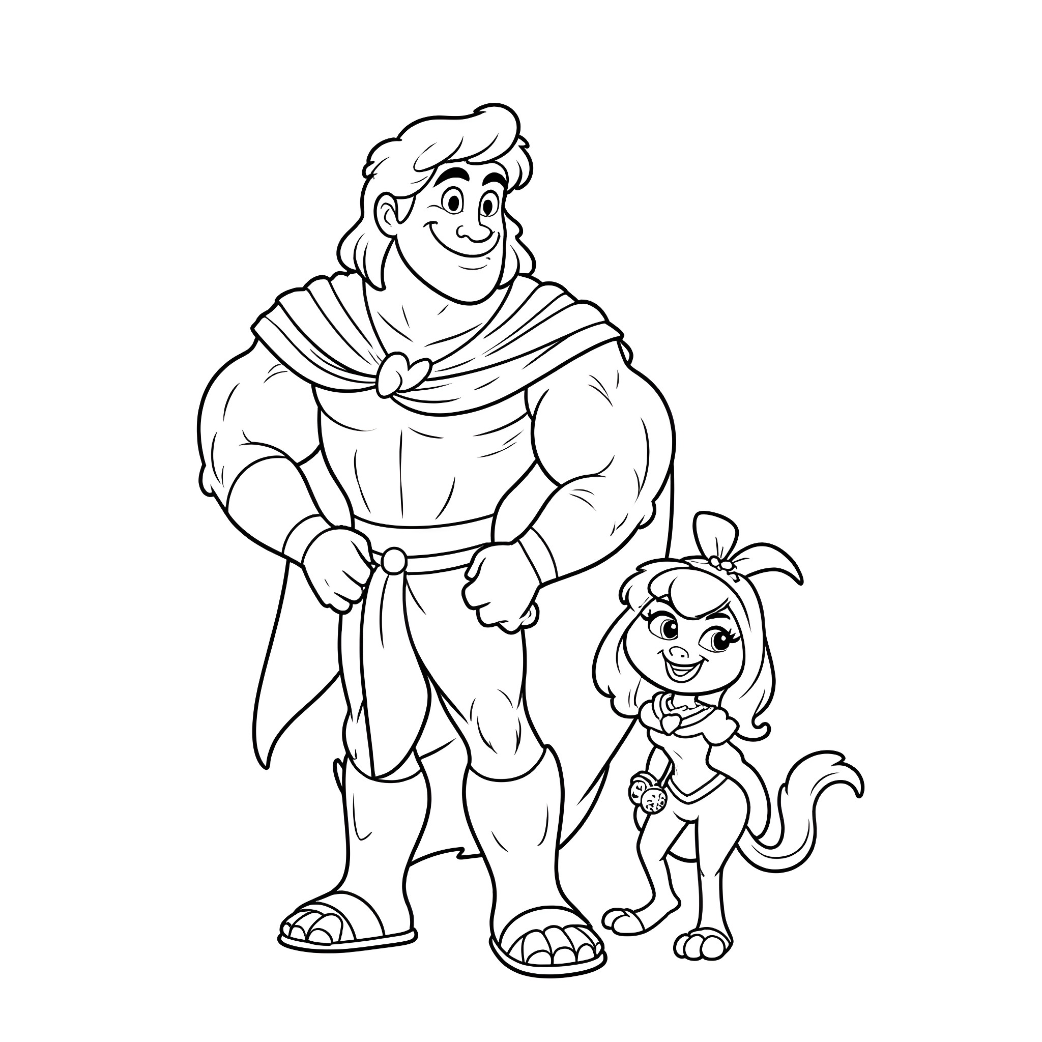 Hercules and his animal companion on an adventure Coloring Page (free black-and-white line drawing printable PDF for all, from beginners to advanced learners, including children, teens, adults, and seniors)