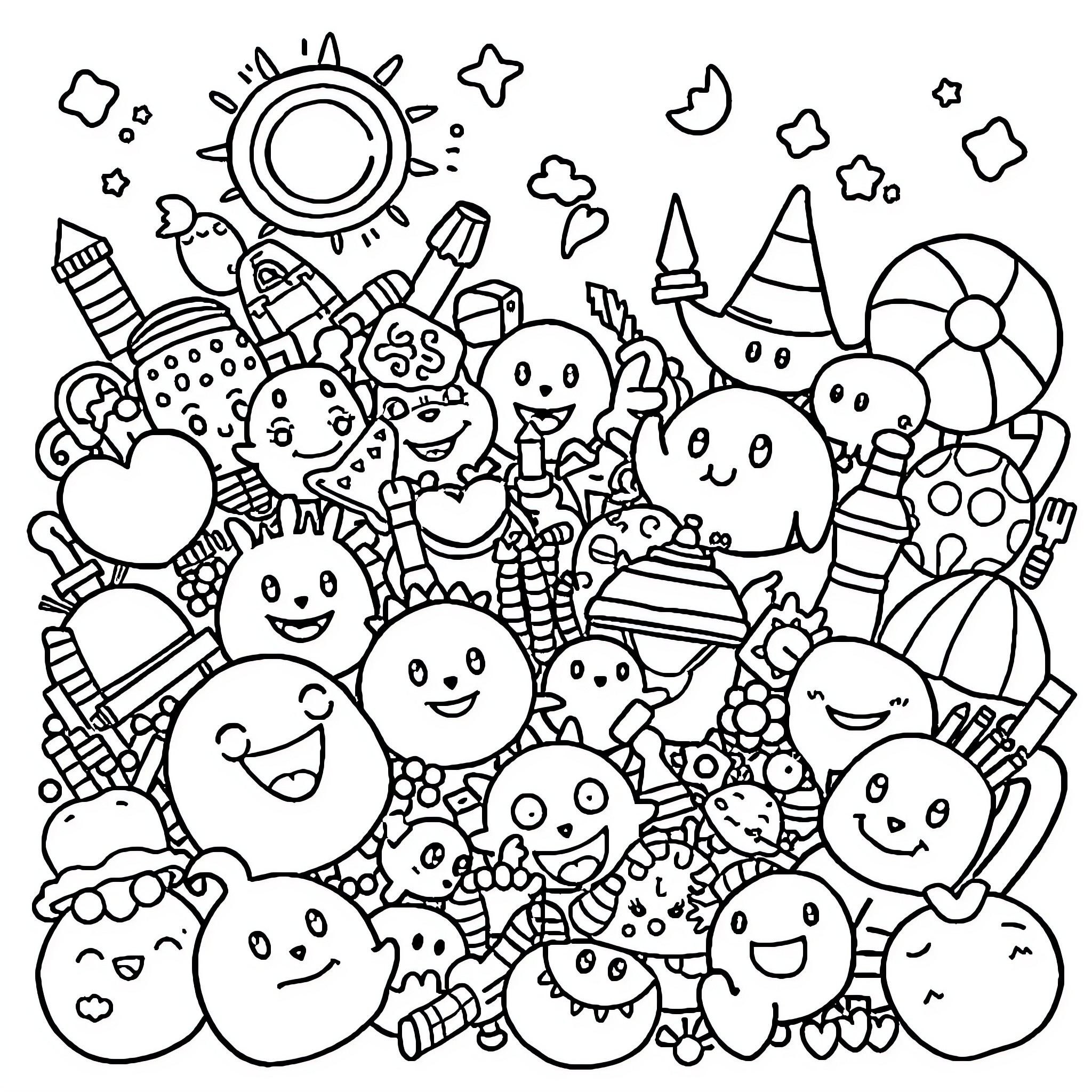 Cartoon Doodle Characters and Shapes Coloring Page (free black-and-white line drawing printable PDF for all, from beginners to advanced learners, including children, teens, adults, and seniors)