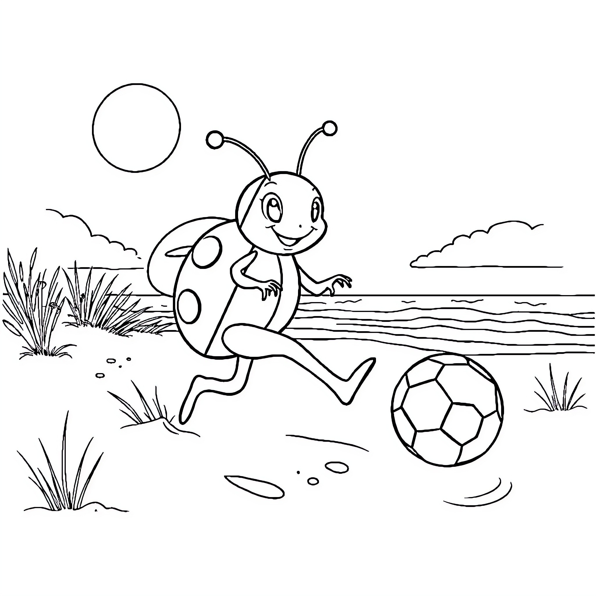 Ladybug playing joyfully with soccer ball on beach Coloring Page (free black-and-white line drawing printable PDF for all, from beginners to advanced learners, including children, teens, adults, and seniors)