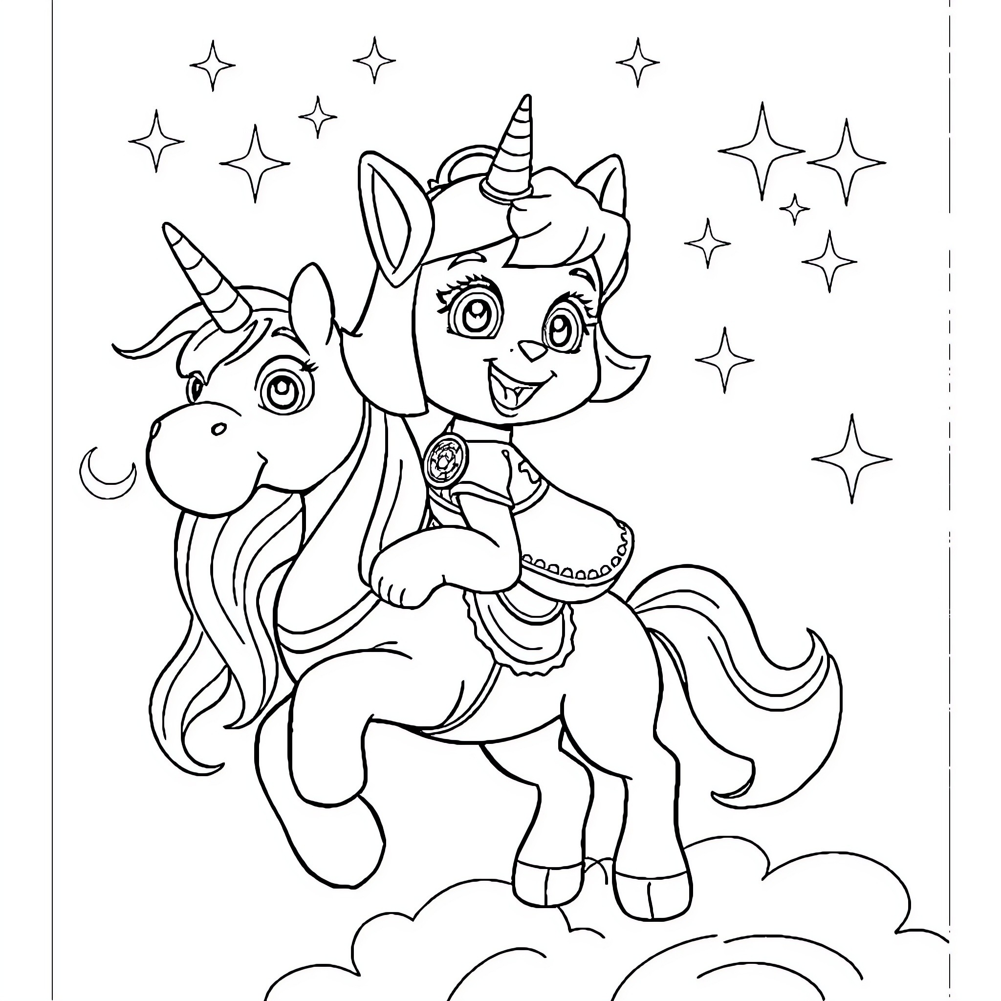 Skye's Magical Unicorn Adventure Coloring Page (free black-and-white line drawing printable PDF for all, from beginners to advanced learners, including children, teens, adults, and seniors)