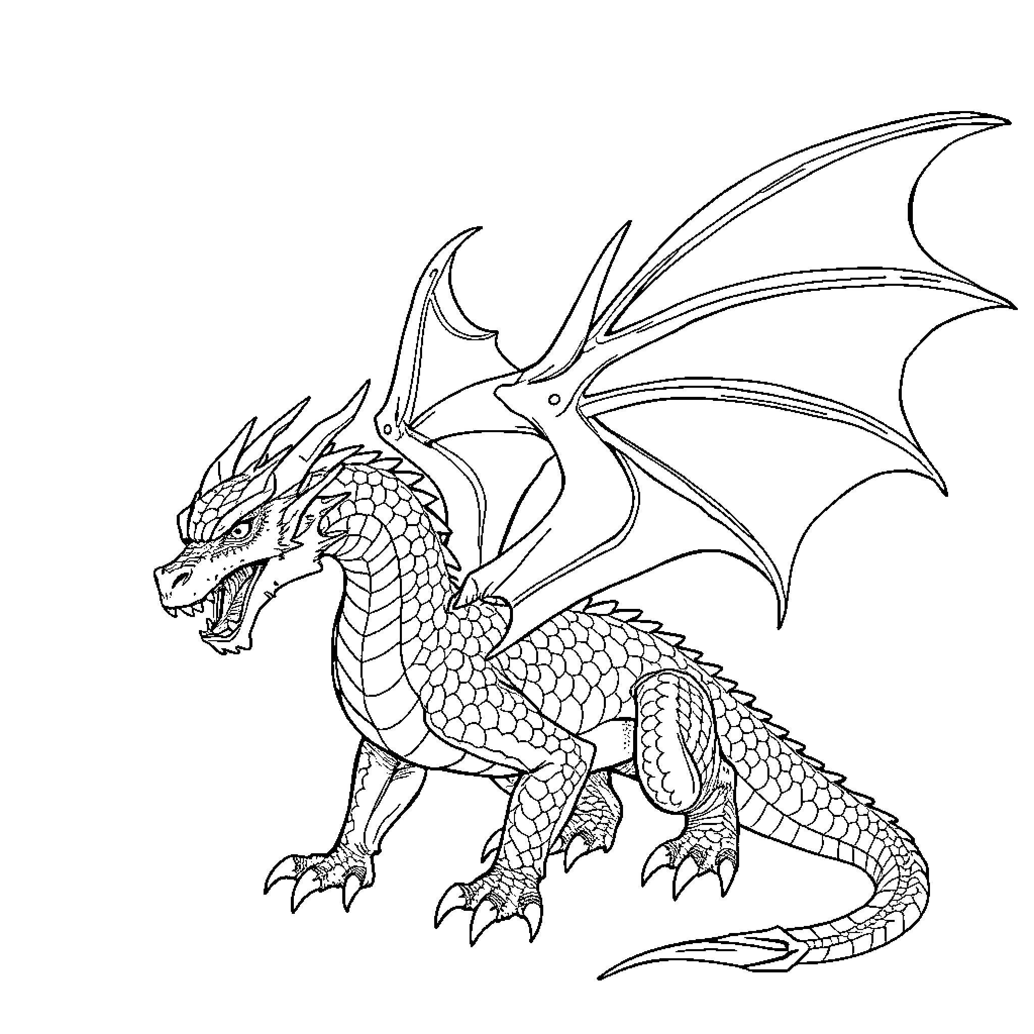Dragon soaring with powerful wings Coloring Page (free black-and-white line drawing printable PDF for all, from beginners to advanced learners, including children, teens, adults, and seniors)