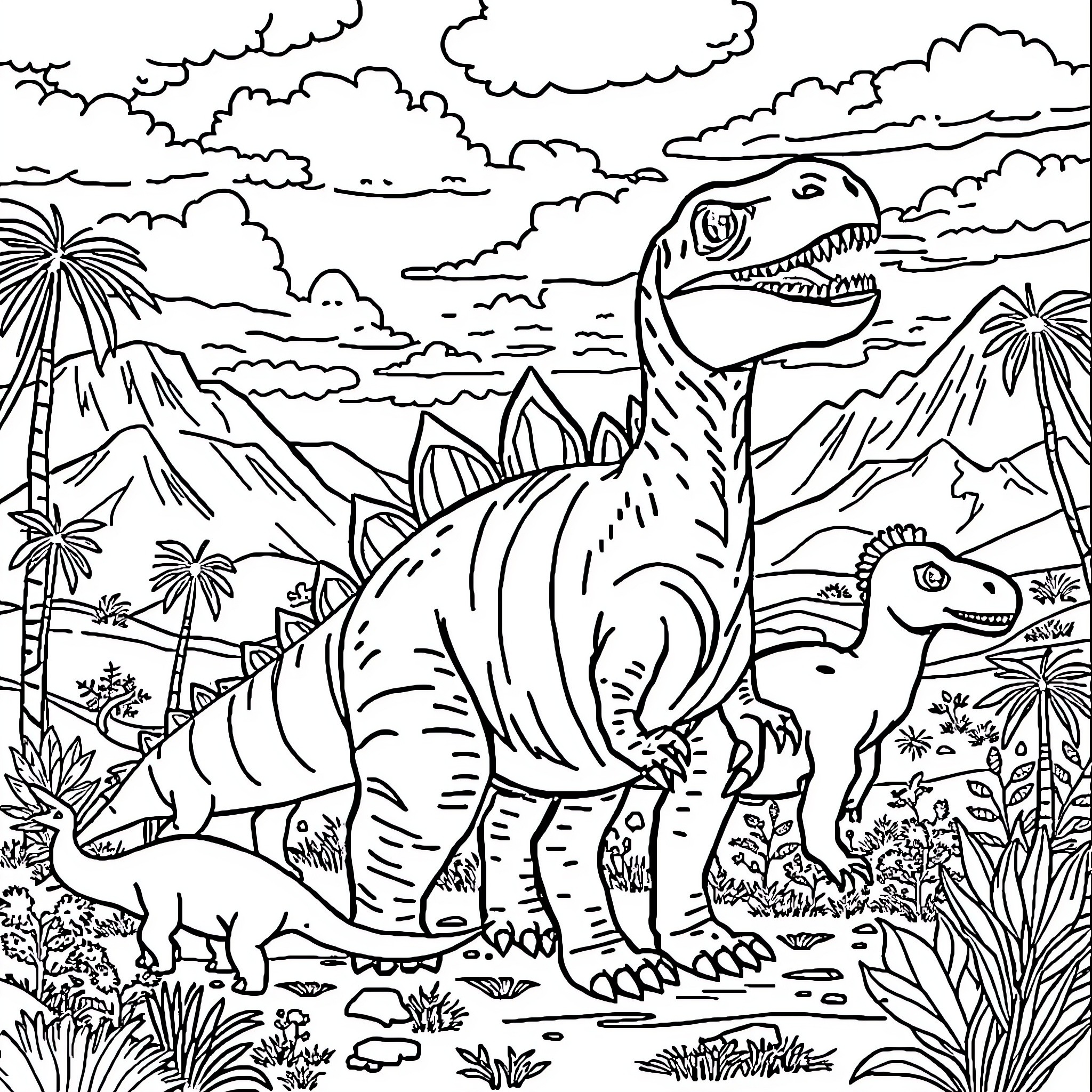Dinosaurs in a Prehistoric Landscape Coloring Page (free black-and-white line drawing printable PDF for all, from beginners to advanced learners, including children, teens, adults, and seniors)