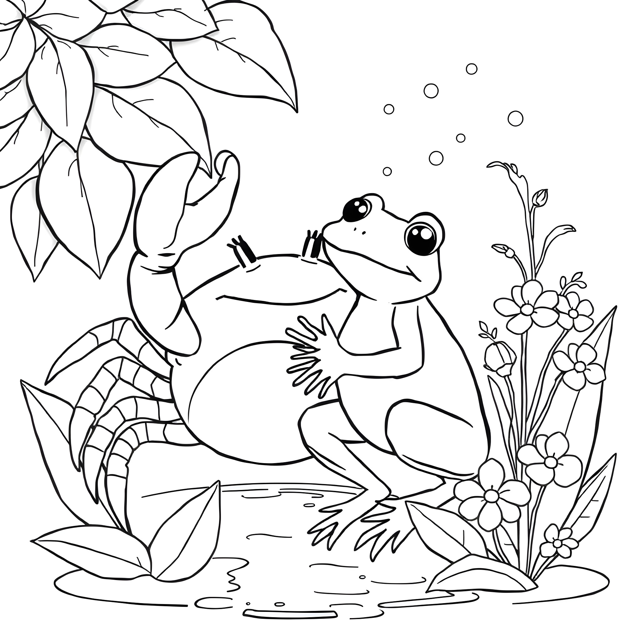 Crab-like creature frolicking in a floral garden Coloring Page (free black-and-white line drawing printable PDF for all, from beginners to advanced learners, including children, teens, adults, and seniors)