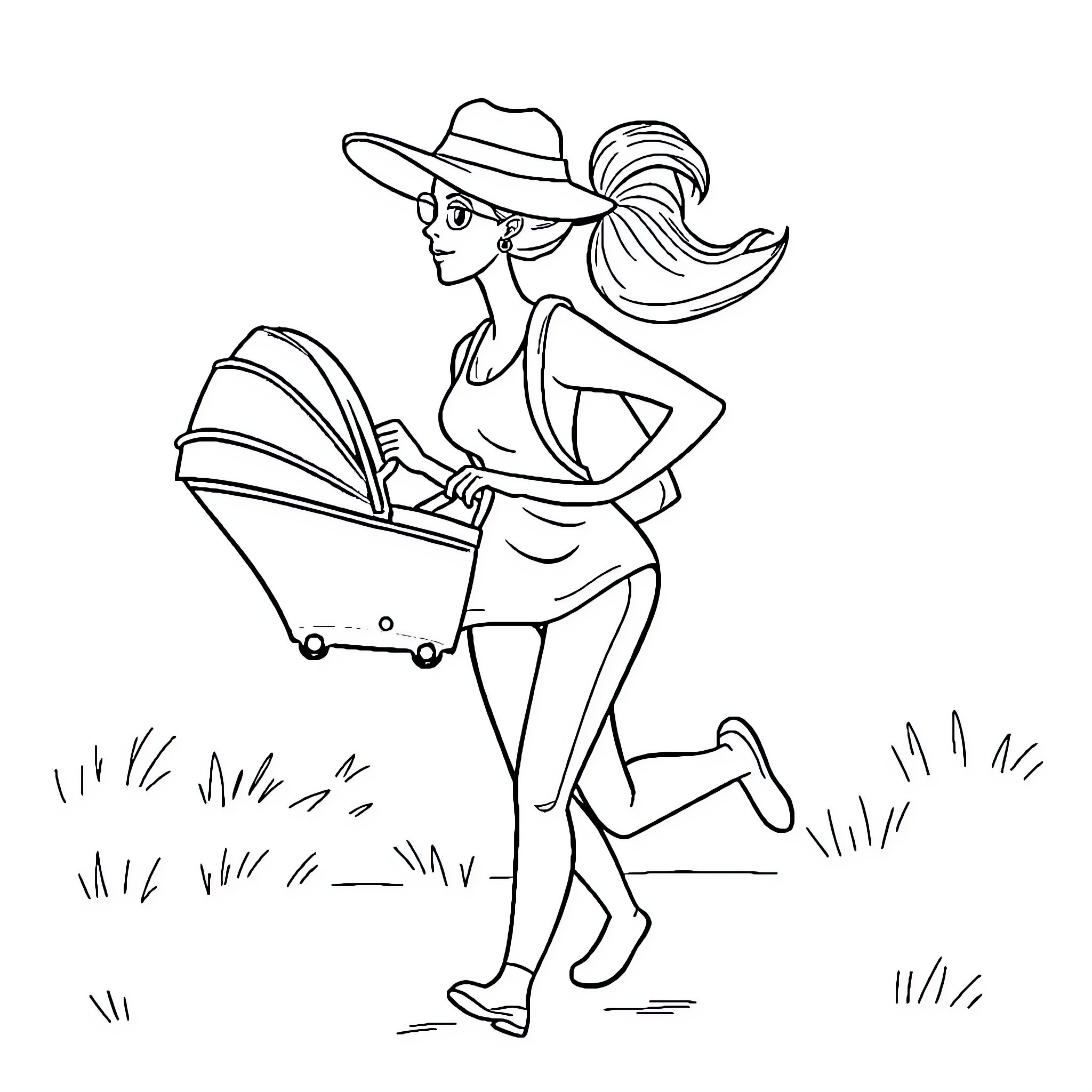 Mom taking baby for a stroll in nature Coloring Page (free black-and-white line drawing printable PDF for all, from beginners to advanced learners, including children, teens, adults, and seniors)