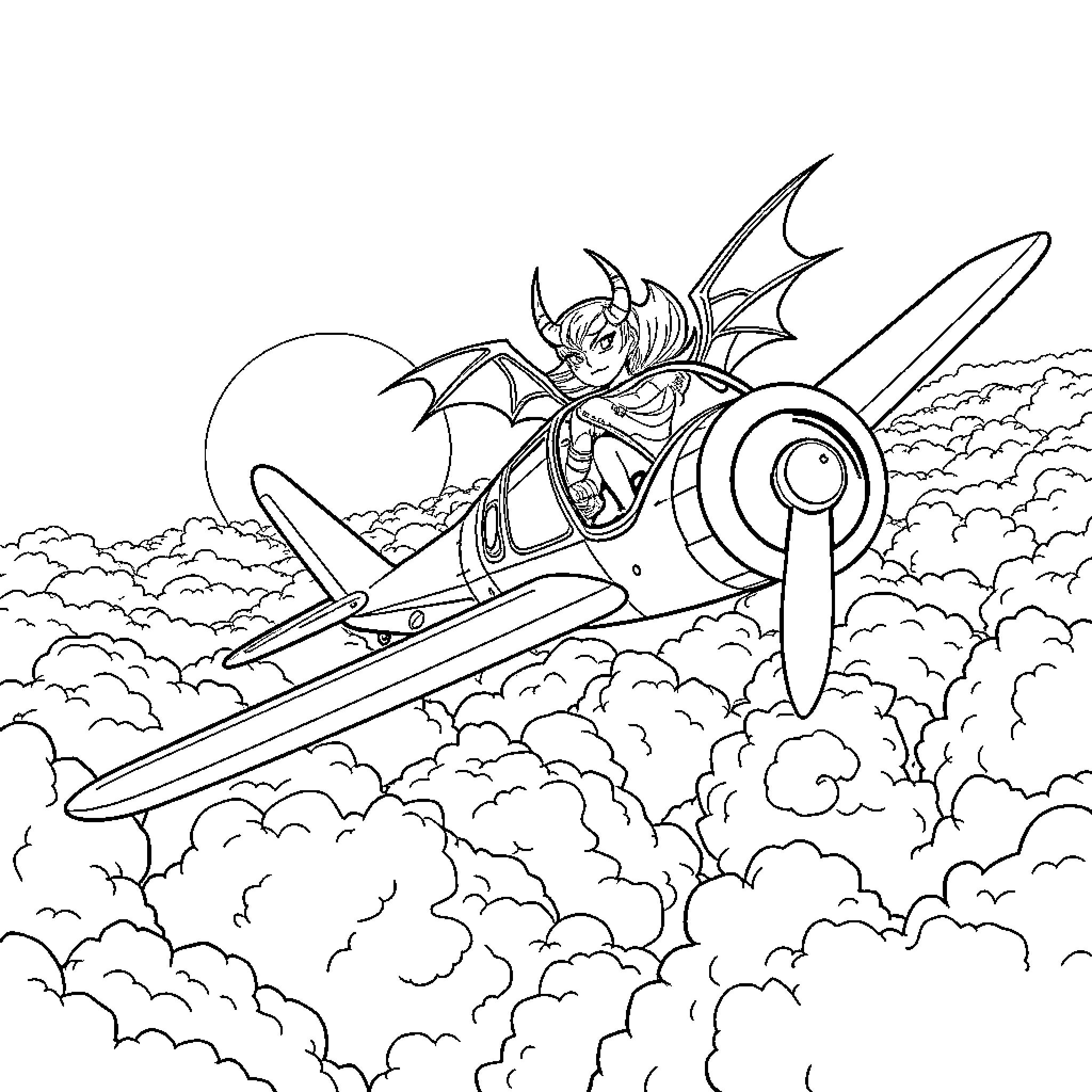 Huntrix soaring through the skies on a futuristic aircraft Coloring Page (free black-and-white line drawing printable PDF for all, from beginners to advanced learners, including children, teens, adults, and seniors)