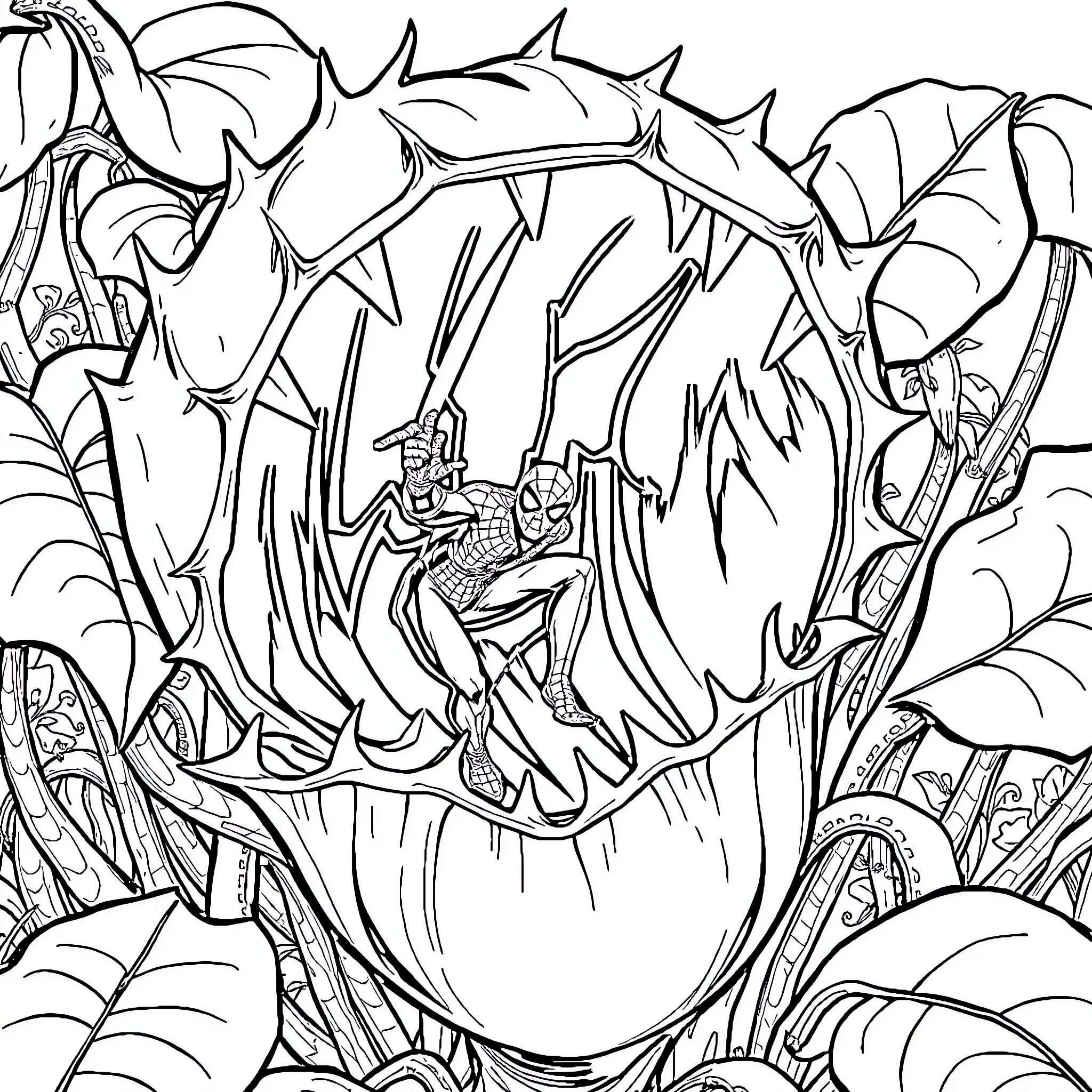 Venus Flytrap trapping a prey in its jaws Coloring Page (free black-and-white line drawing printable PDF for all, from beginners to advanced learners, including children, teens, adults, and seniors)