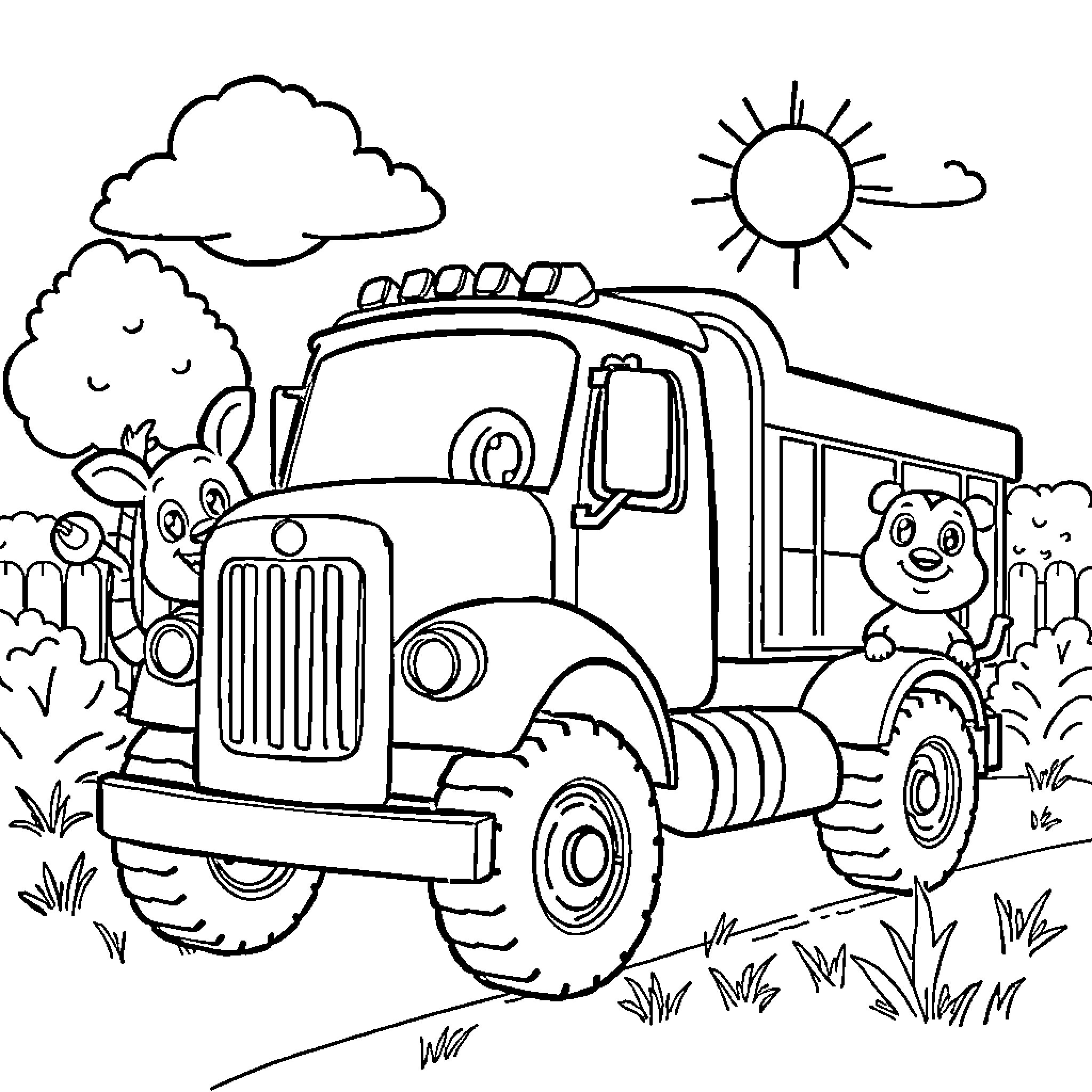 Truck transporting cheerful characters in countryside Coloring Page (free black-and-white line drawing printable PDF for all, from beginners to advanced learners, including children, teens, adults, and seniors)