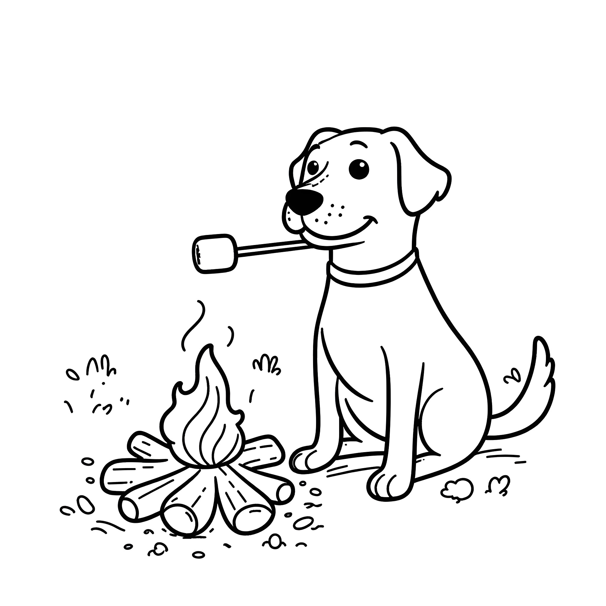 Labrador enjoying marshmallow roast by campfire Coloring Page (free black-and-white line drawing printable PDF for all, from beginners to advanced learners, including children, teens, adults, and seniors)
