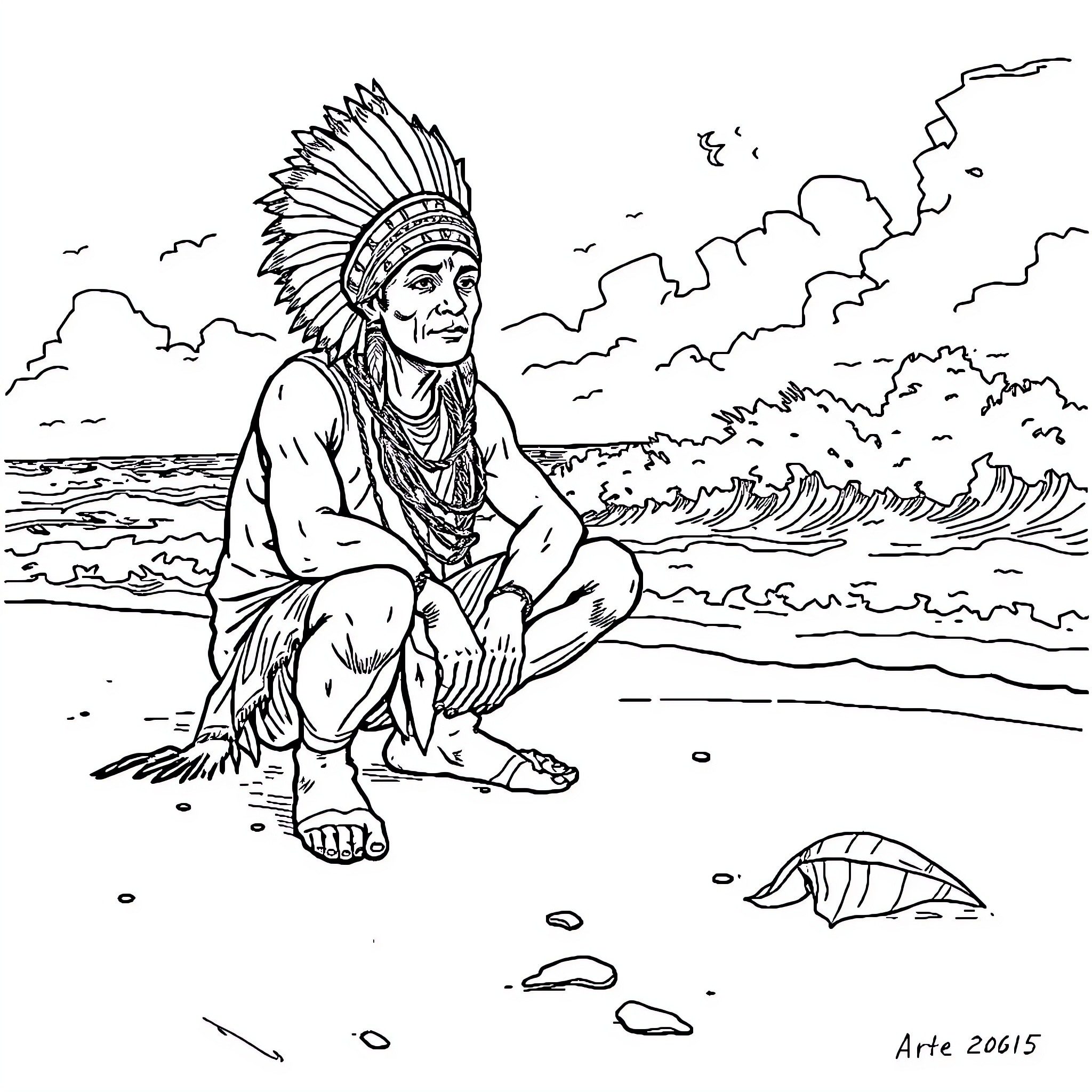 Immigrant man in traditional attire on the beach Coloring Page (free black-and-white line drawing printable PDF for all, from beginners to advanced learners, including children, teens, adults, and seniors)