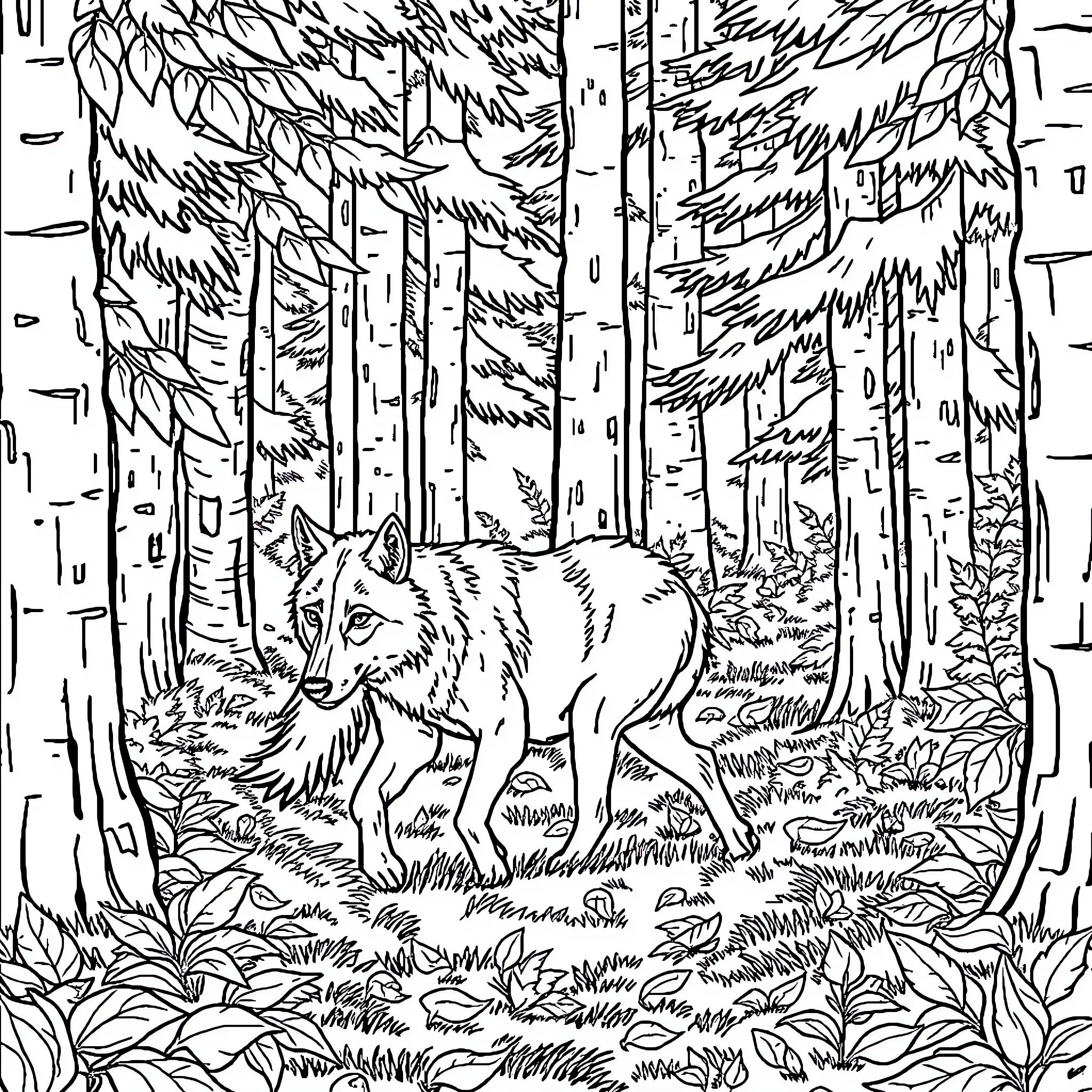 Wolf stalking in the dense forest Coloring Page (free black-and-white line drawing printable PDF for all, from beginners to advanced learners, including children, teens, adults, and seniors)