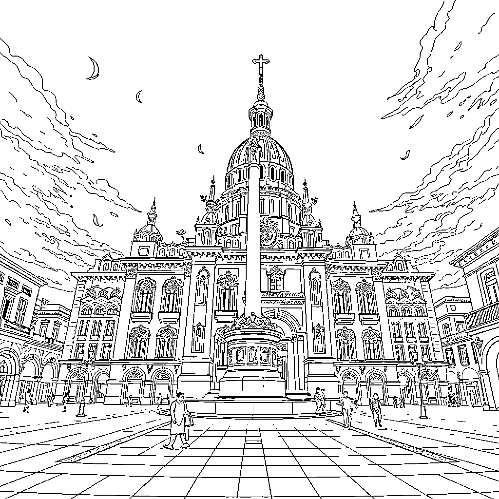 Bull's-eye Cathedral in an Ornate Architectural Scene Coloring Page (free black-and-white line drawing printable PDF for all, from beginners to advanced learners, including children, teens, adults, and seniors)