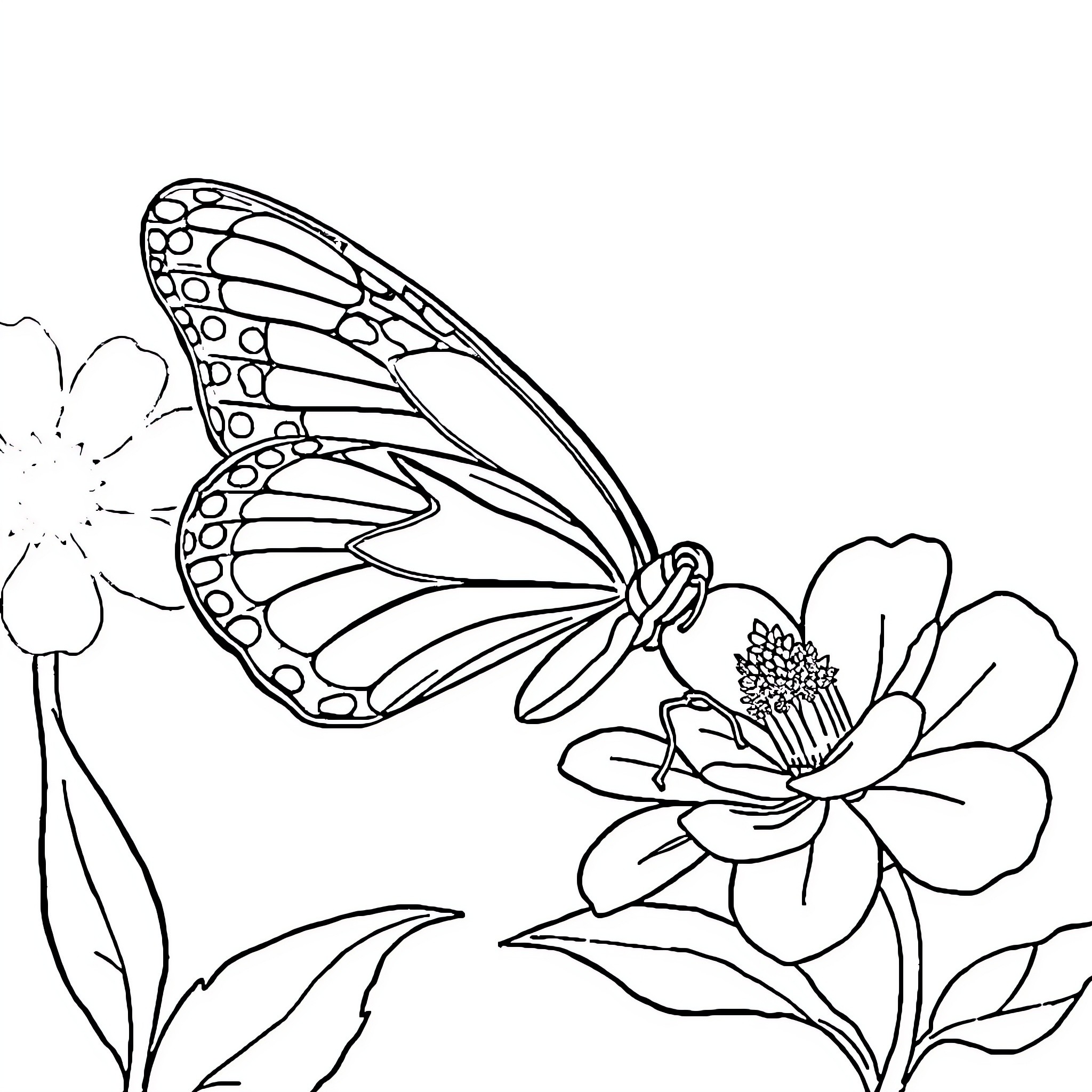 Butterfly resting on a blooming flower Coloring Page (free black-and-white line drawing printable PDF for all, from beginners to advanced learners, including children, teens, adults, and seniors)