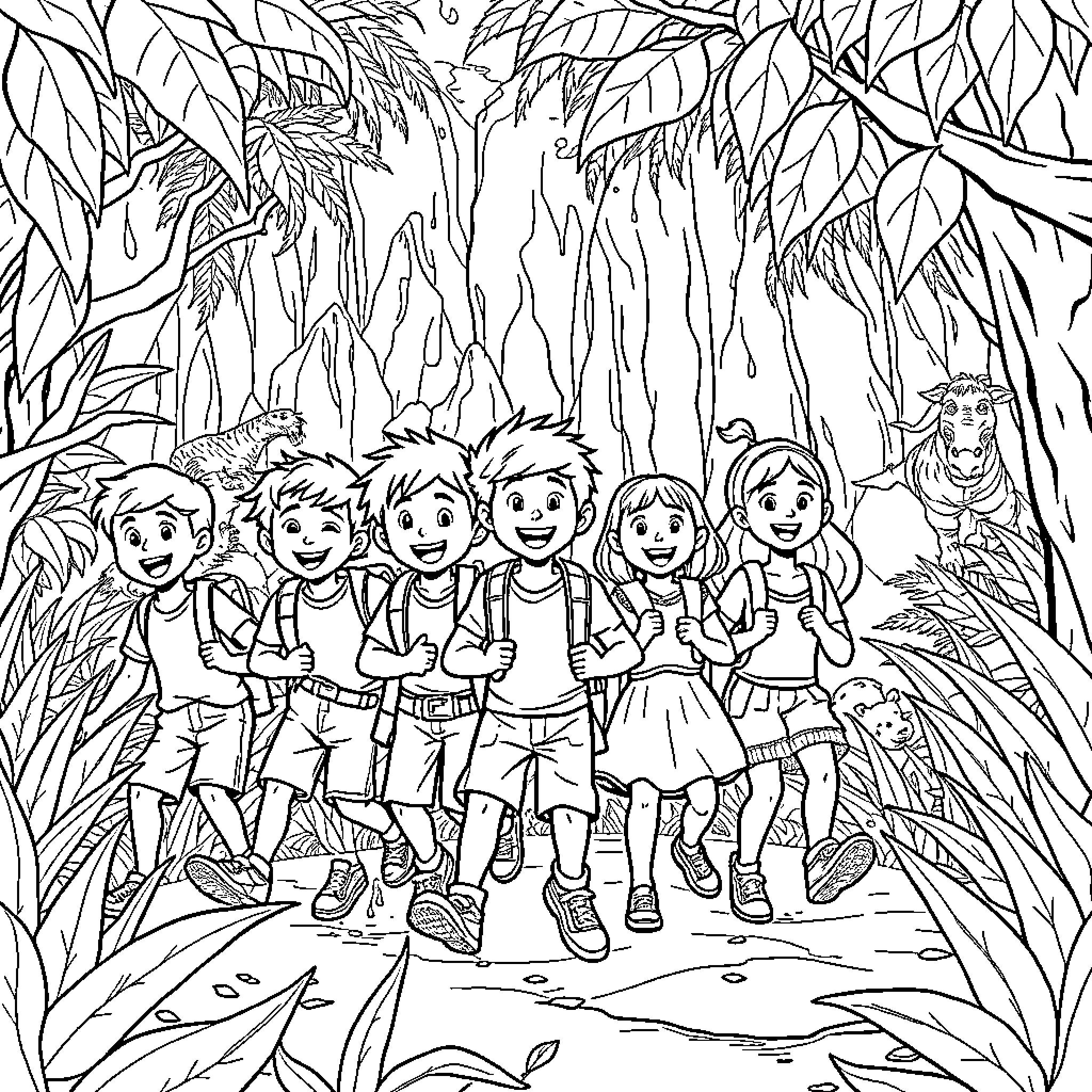 Children exploring the lush jungle Coloring Page (free black-and-white line drawing printable PDF for all, from beginners to advanced learners, including children, teens, adults, and seniors)
