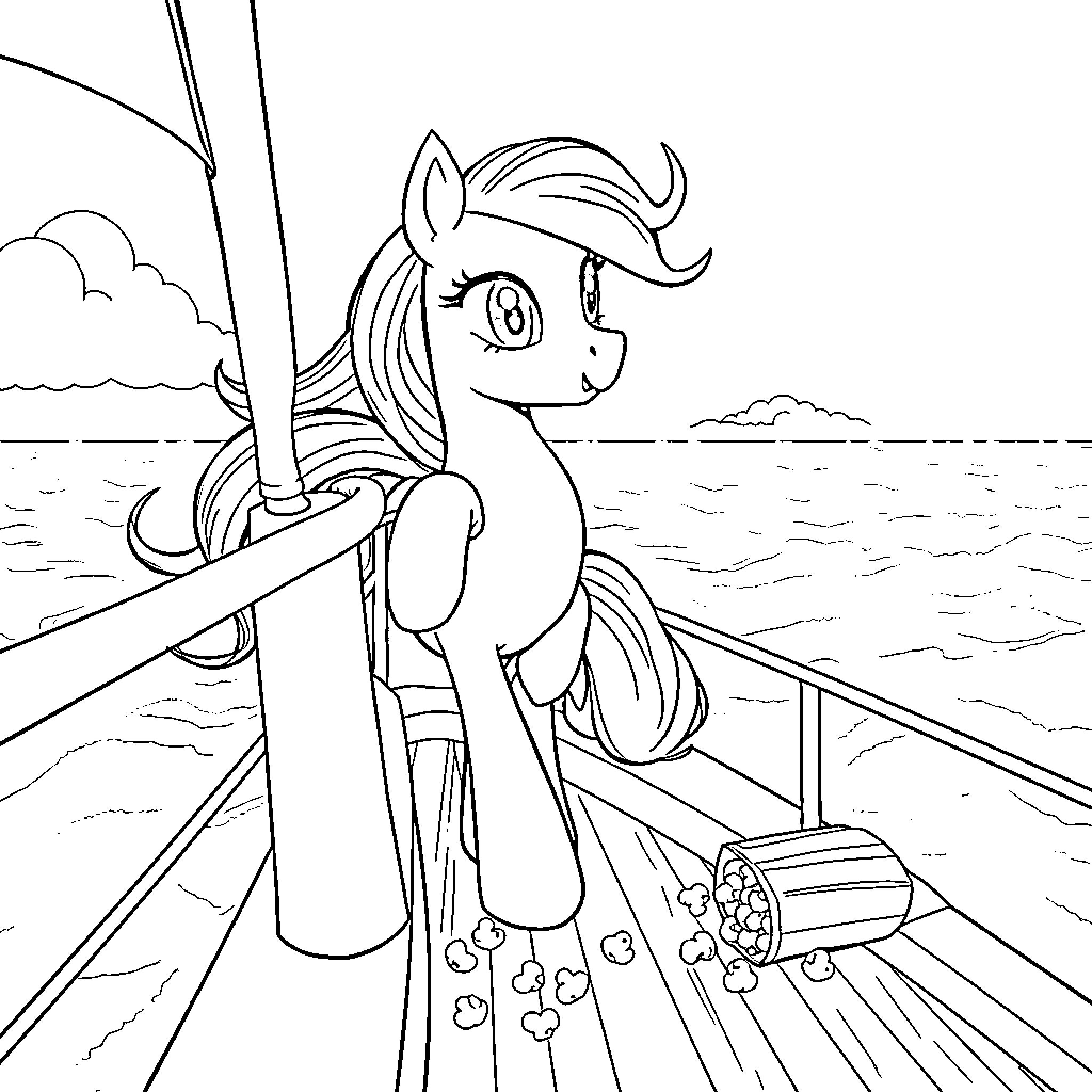 Pony sailing gracefully on a boat Coloring Page (free black-and-white line drawing printable PDF for all, from beginners to advanced learners, including children, teens, adults, and seniors)