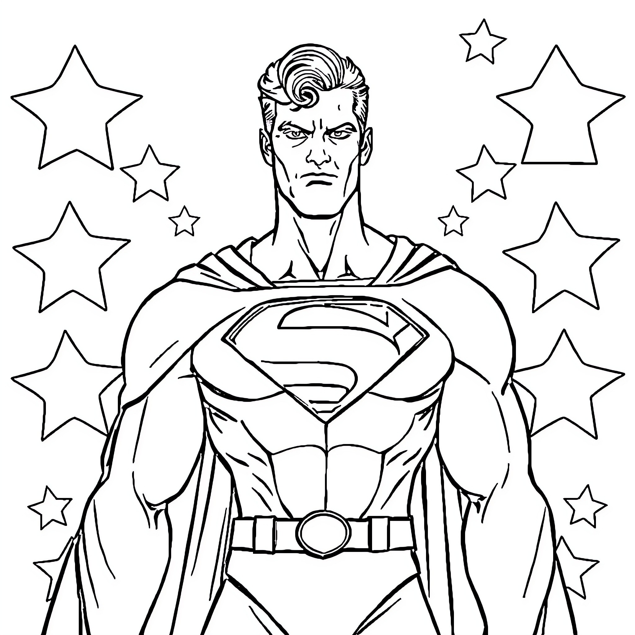 Superman standing heroically amidst the stars Coloring Page (free black-and-white line drawing printable PDF for all, from beginners to advanced learners, including children, teens, adults, and seniors)