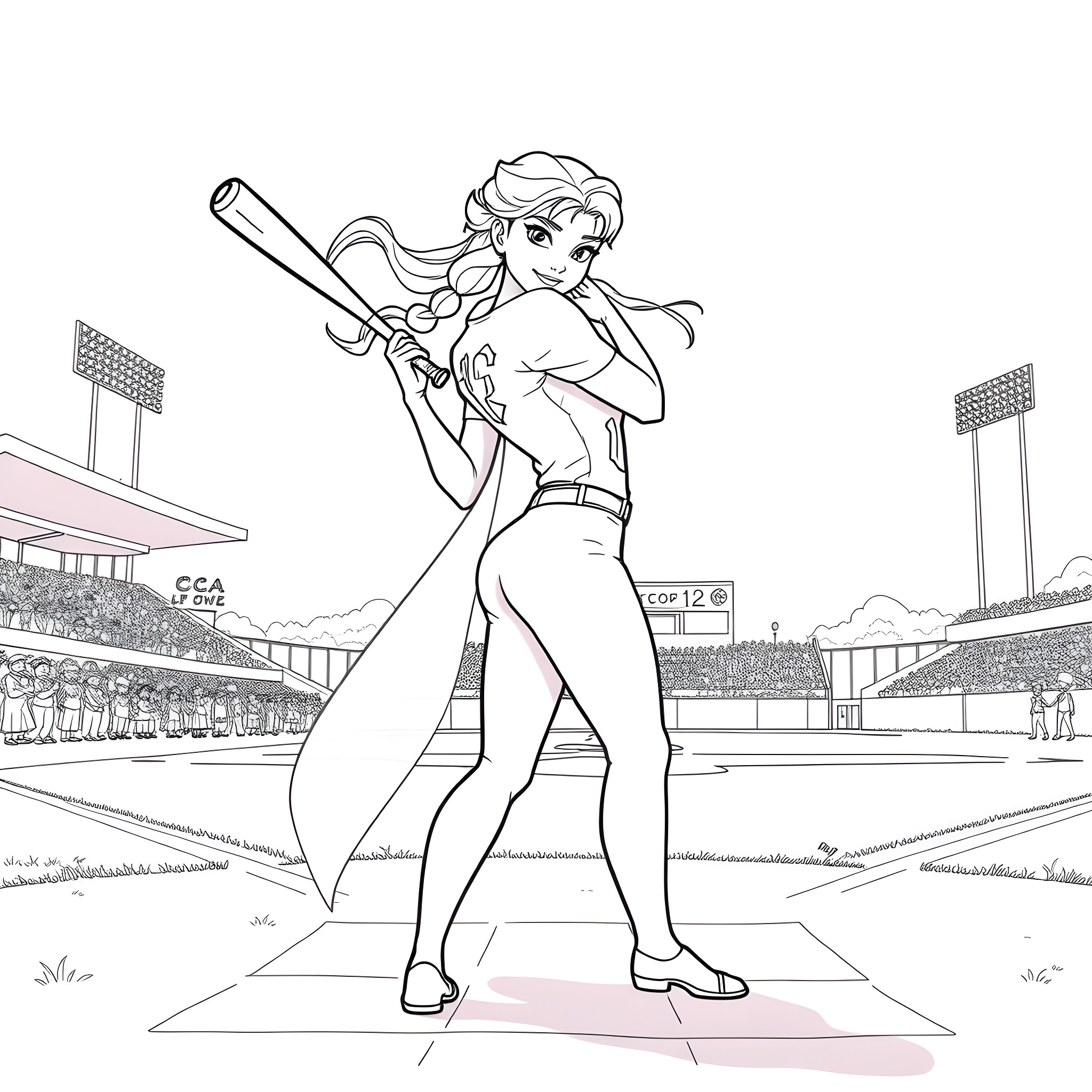 Elsa playing baseball in the stadium Coloring Page (free black-and-white line drawing printable PDF for all, from beginners to advanced learners, including children, teens, adults, and seniors)