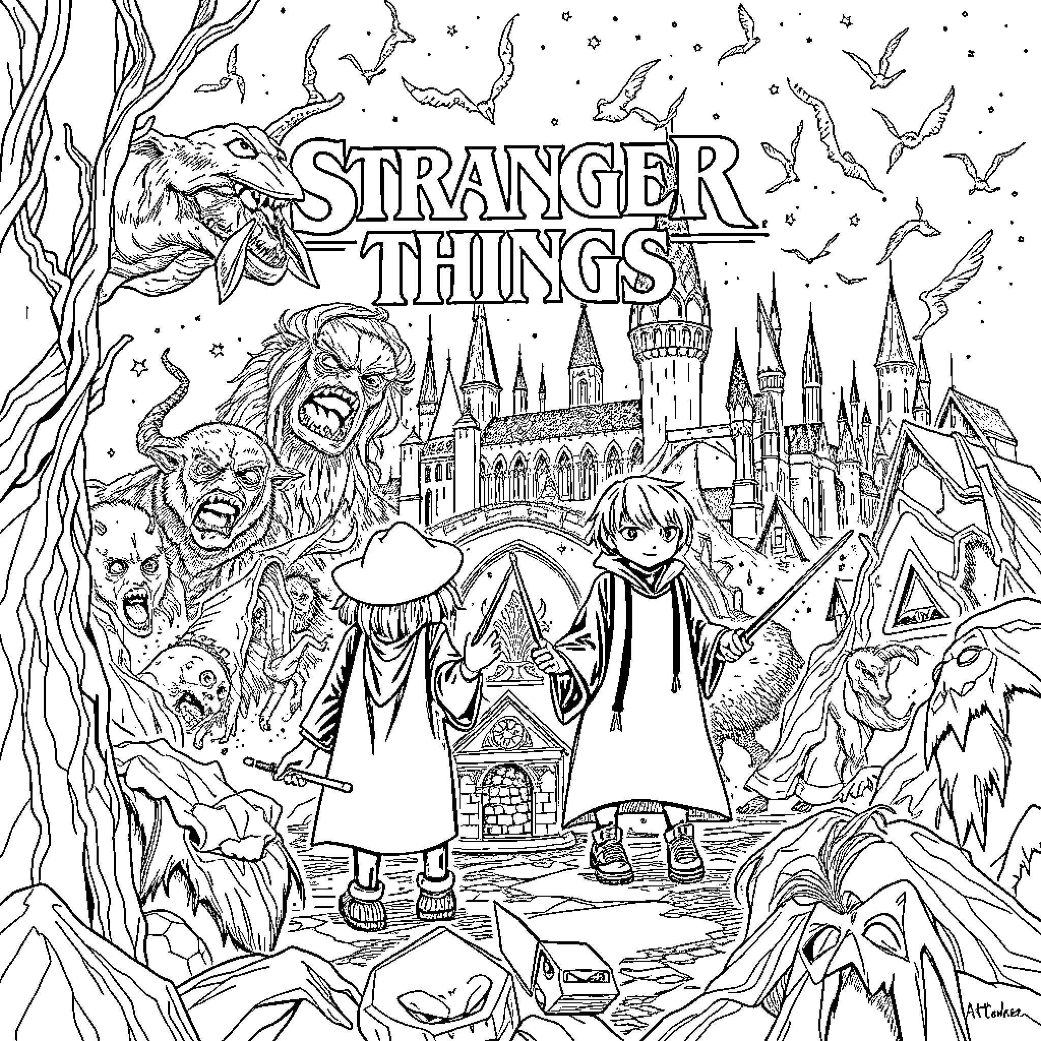 Stranger Things: Eerie Encounters in a Fantastical World Coloring Page (free black-and-white line drawing printable PDF for all, from beginners to advanced learners, including children, teens, adults, and seniors)
