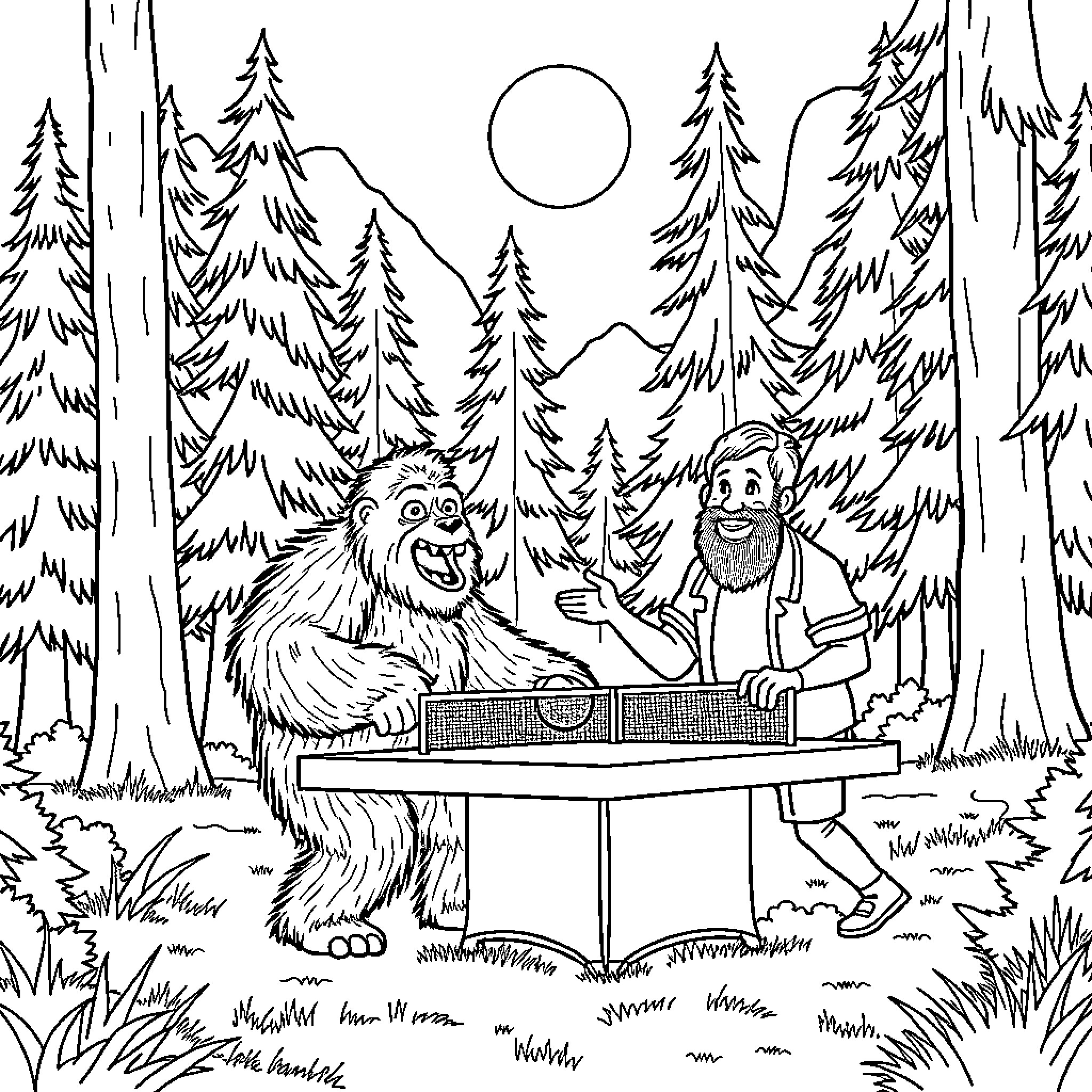 Sasquatch Playing Table Tennis with Hiker in Forest Coloring Page (free black-and-white line drawing printable PDF for all, from beginners to advanced learners, including children, teens, adults, and seniors)