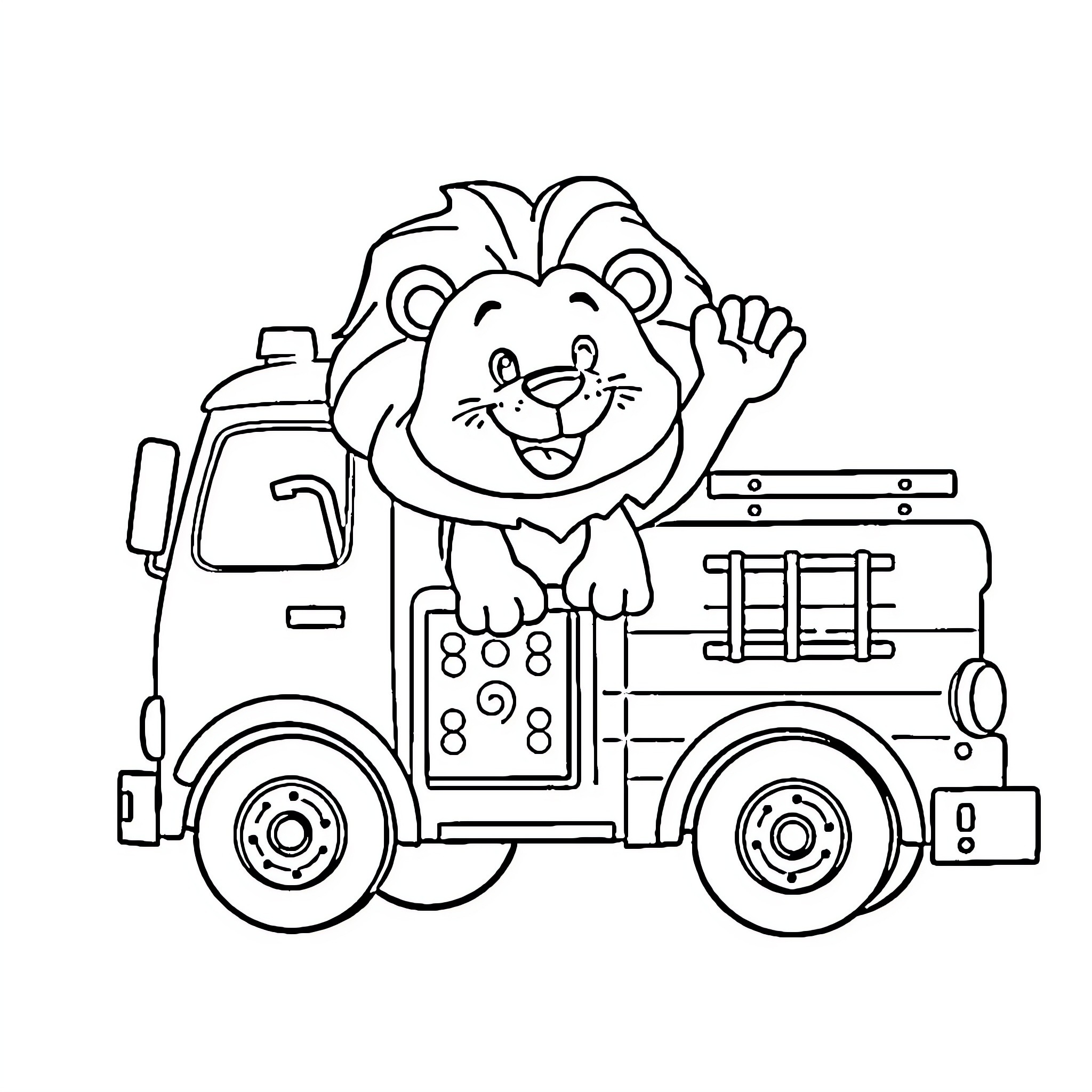 Lion riding a colorful truck with enthusiasm Coloring Page (free black-and-white line drawing printable PDF for all, from beginners to advanced learners, including children, teens, adults, and seniors)