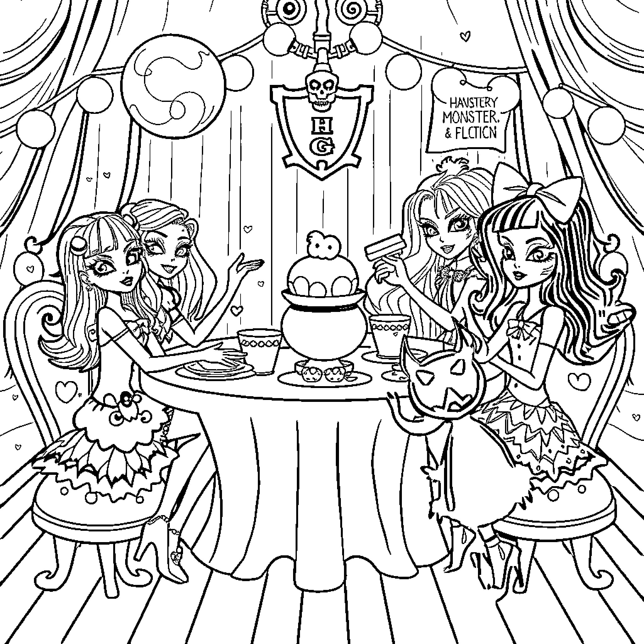 Monster High: Spooktacular Gathering of Ghoulish Friends Coloring Page (free black-and-white line drawing printable PDF for all, from beginners to advanced learners, including children, teens, adults, and seniors)