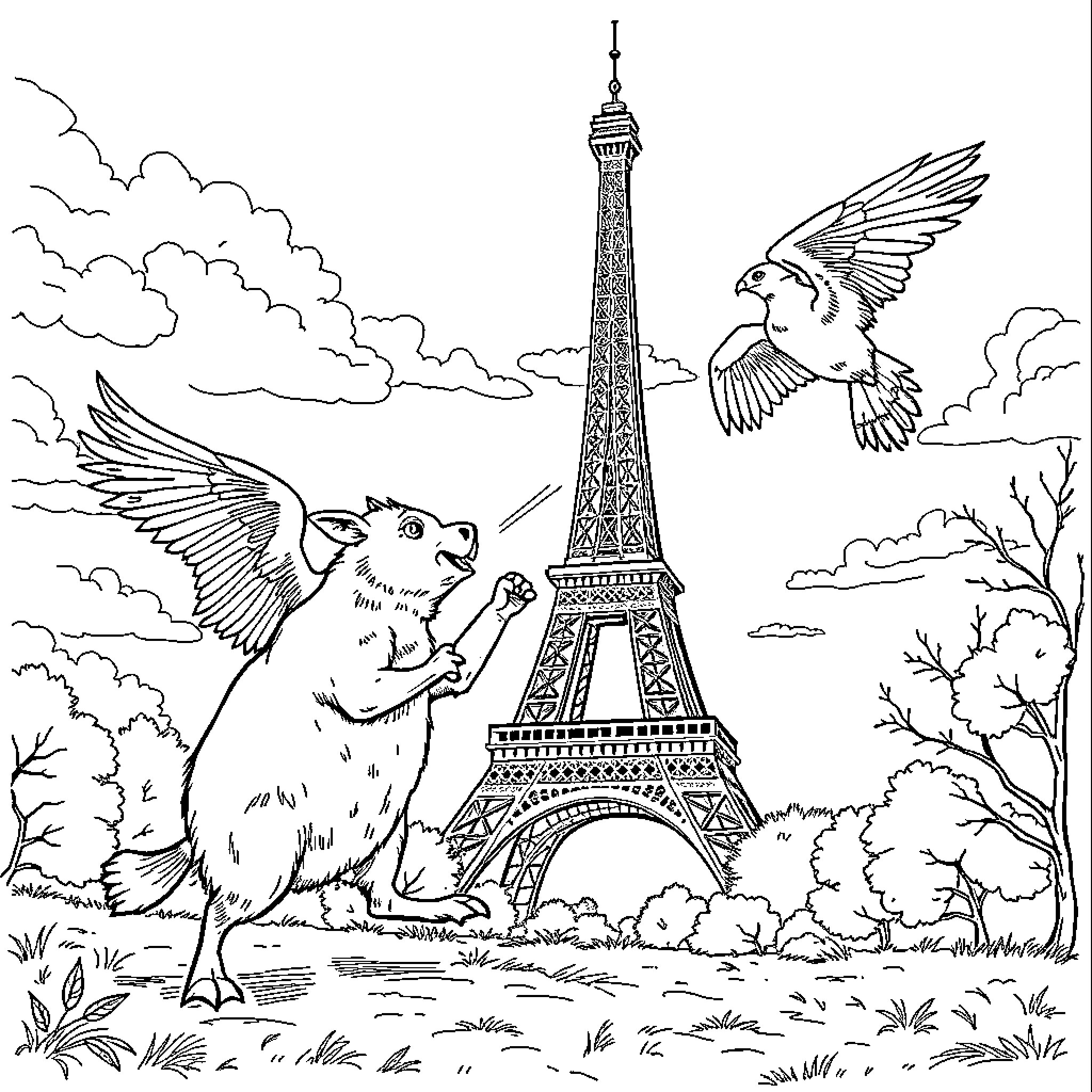 Vache exploring the Eiffel Tower with winged friends Coloring Page (free black-and-white line drawing printable PDF for all, from beginners to advanced learners, including children, teens, adults, and seniors)