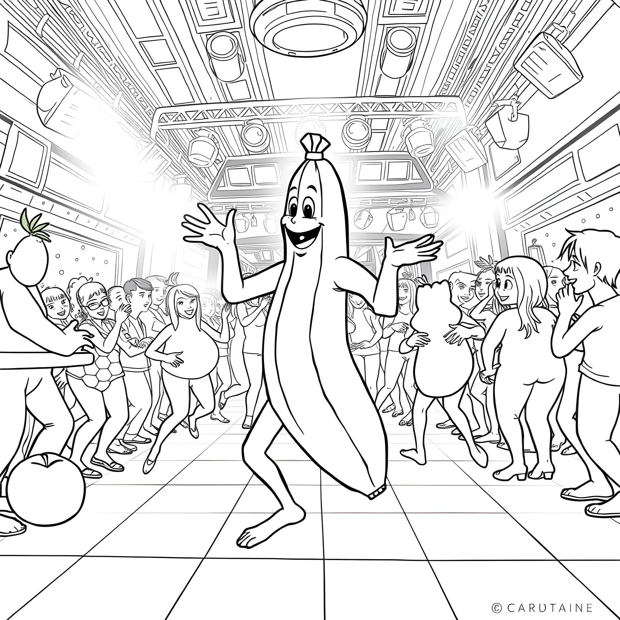 Banana dancing happily with cheerful people in a lively scene Coloring Page (free black-and-white line drawing printable PDF for all, from beginners to advanced learners, including children, teens, adults, and seniors)
