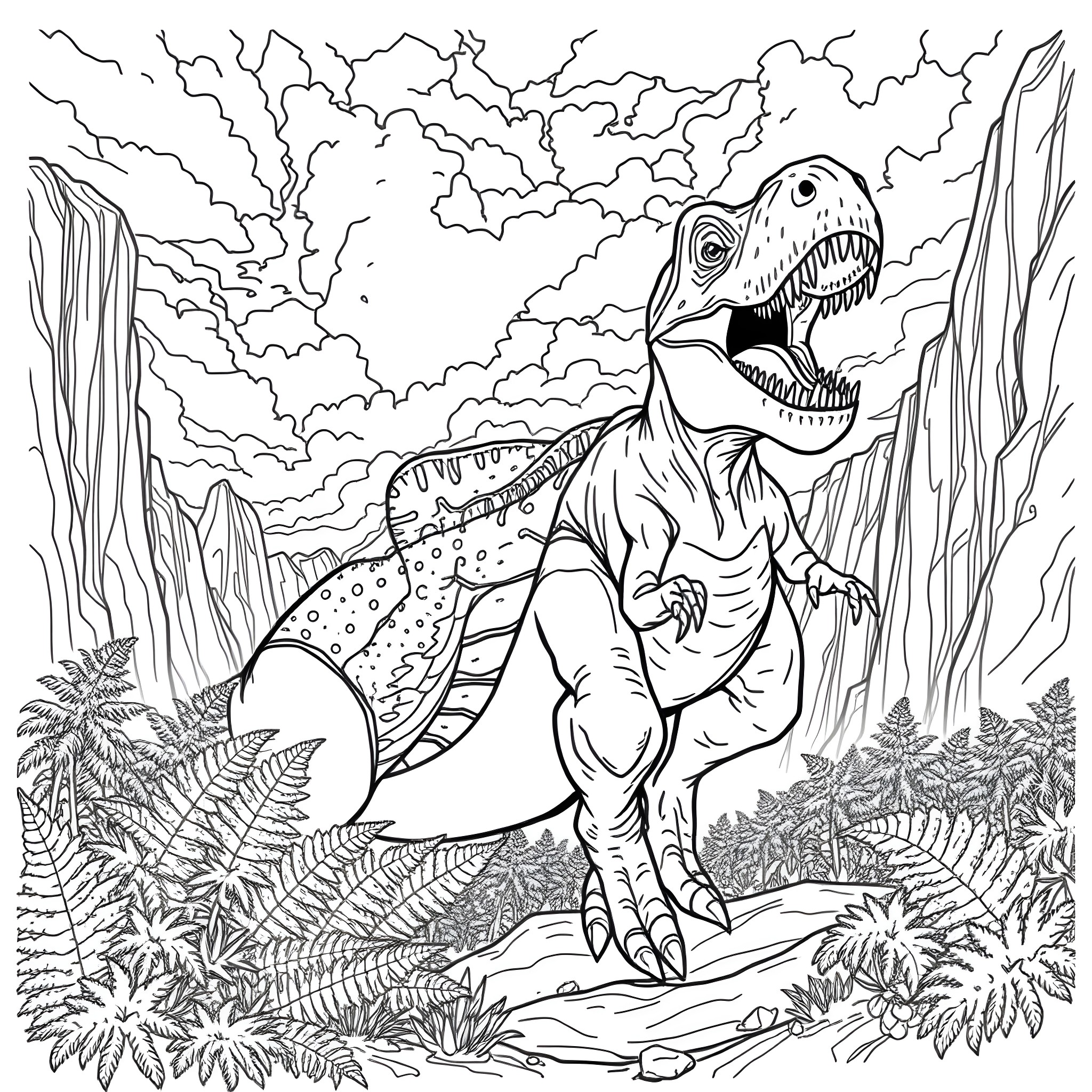 Carnotaurus roaring in prehistoric landscape Coloring Page (free black-and-white line drawing printable PDF for all, from beginners to advanced learners, including children, teens, adults, and seniors)
