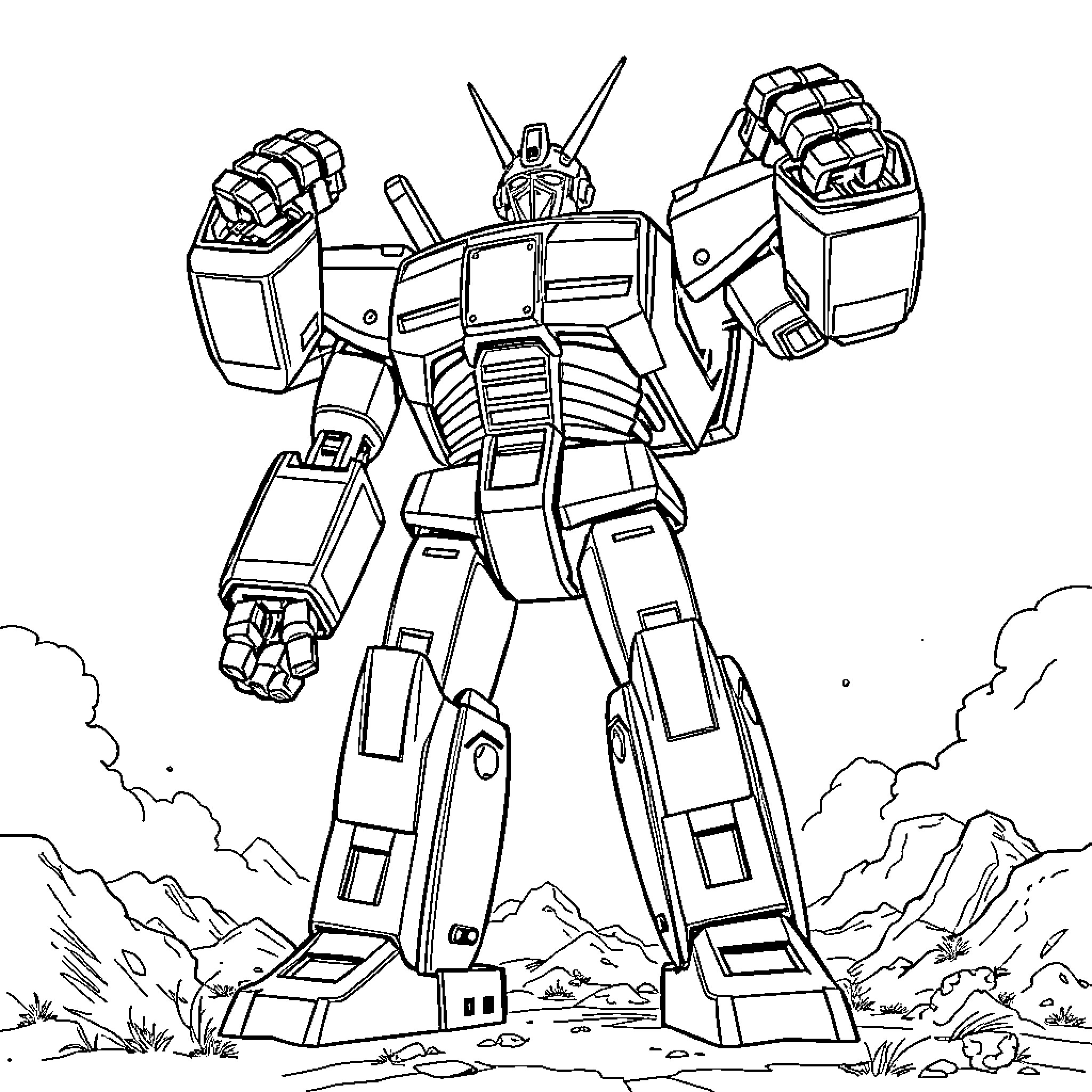 Goldorak standing powerfully amidst a rocky landscape Coloring Page (free black-and-white line drawing printable PDF for all, from beginners to advanced learners, including children, teens, adults, and seniors)