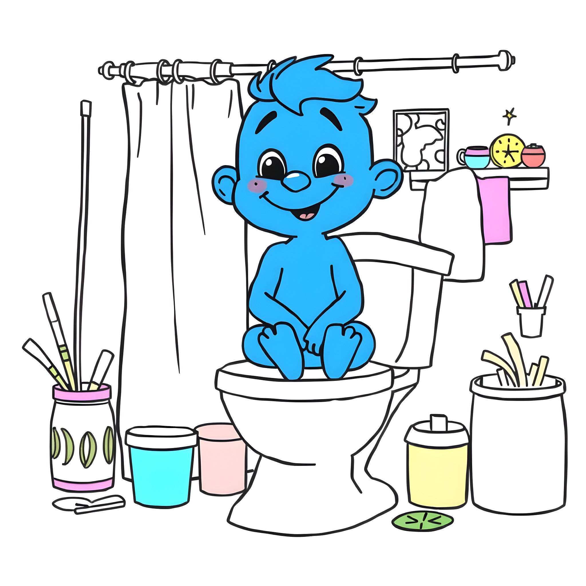 Bluey having fun in the bathroom Coloring Page (free black-and-white line drawing printable PDF for all, from beginners to advanced learners, including children, teens, adults, and seniors)