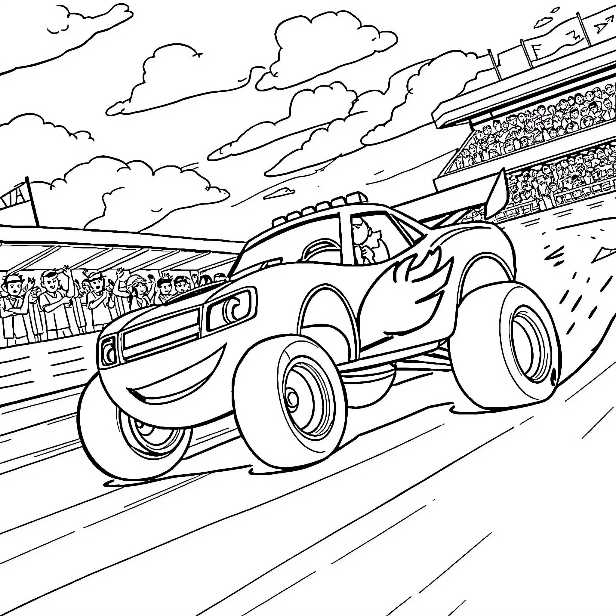 Blaze racing through the track with spectators Coloring Page (free black-and-white line drawing printable PDF for all, from beginners to advanced learners, including children, teens, adults, and seniors)