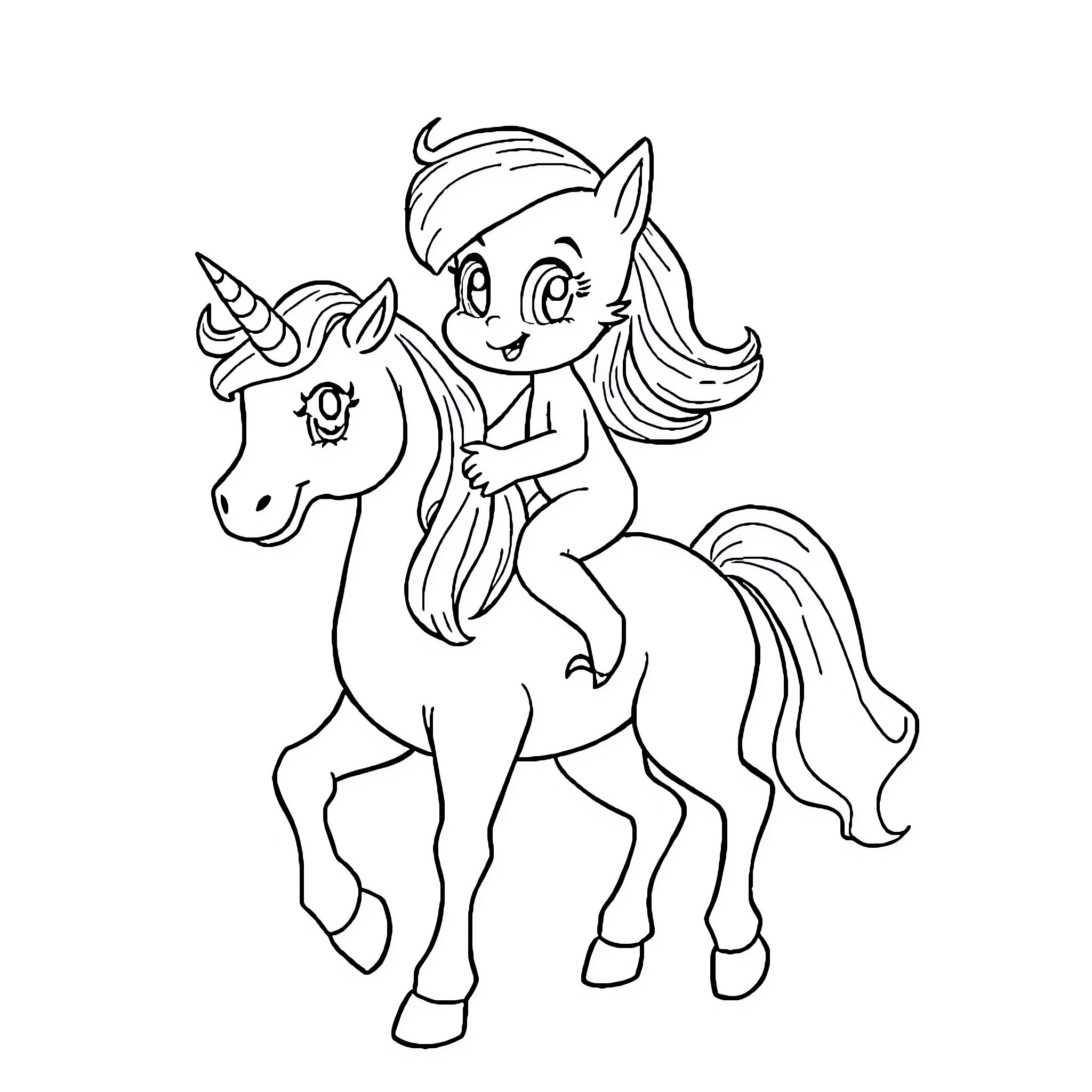 Bluey riding a unicorn with excitement Coloring Page (free black-and-white line drawing printable PDF for all, from beginners to advanced learners, including children, teens, adults, and seniors)
