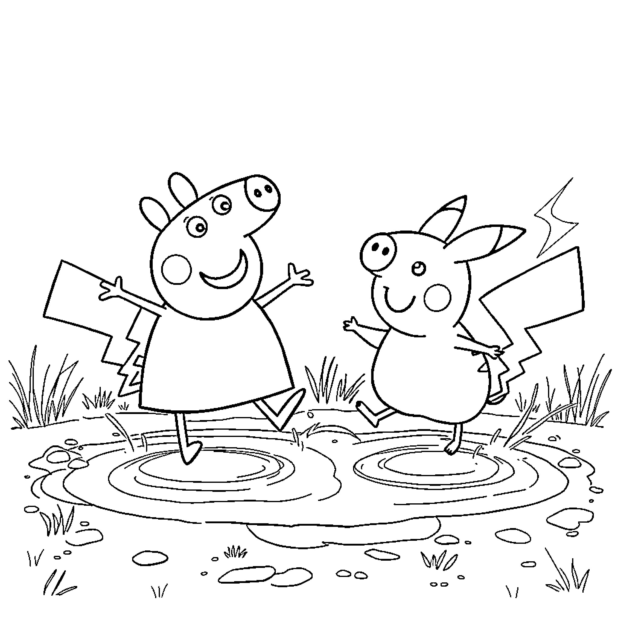 Peppa Pig and Friend Enjoying the Outdoors Coloring Page (free black-and-white line drawing printable PDF for all, from beginners to advanced learners, including children, teens, adults, and seniors)