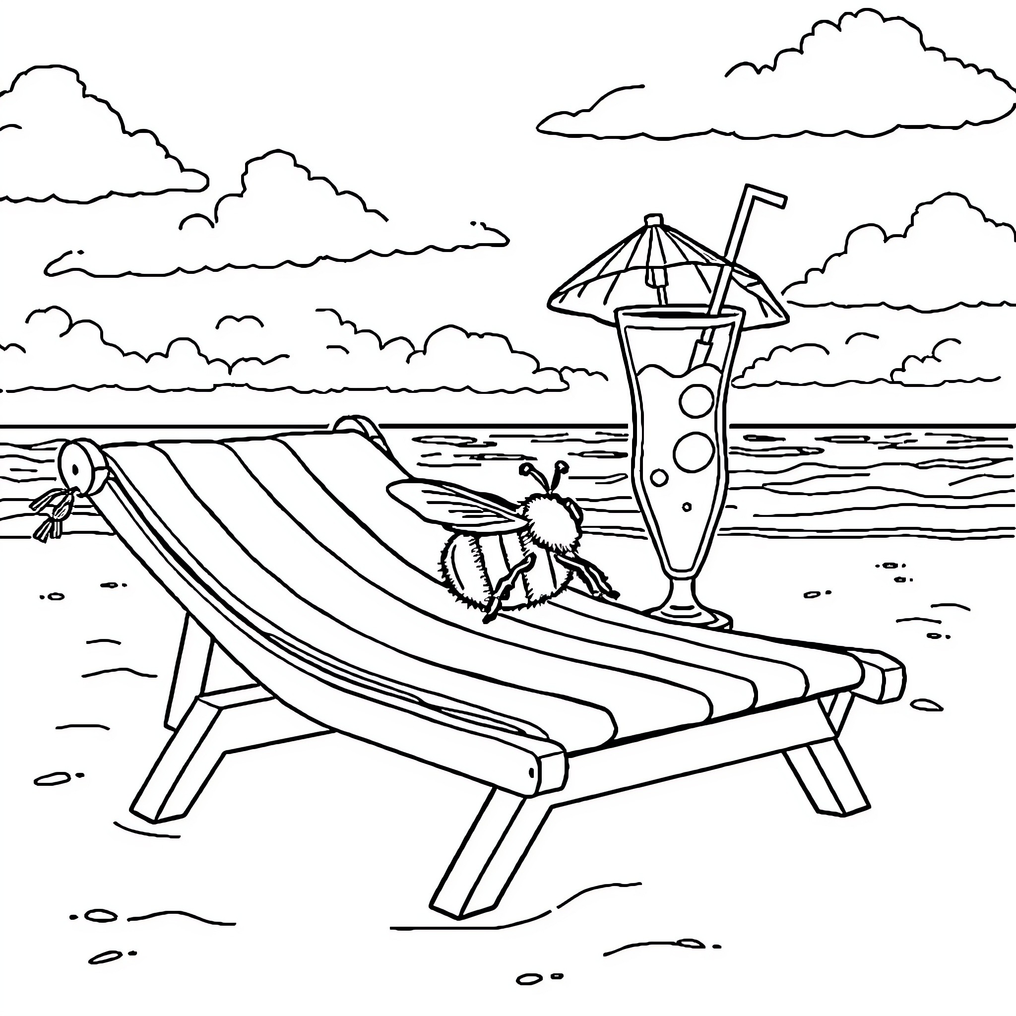 Bee relaxing on beach chair with tropical drink Coloring Page (free black-and-white line drawing printable PDF for all, from beginners to advanced learners, including children, teens, adults, and seniors)