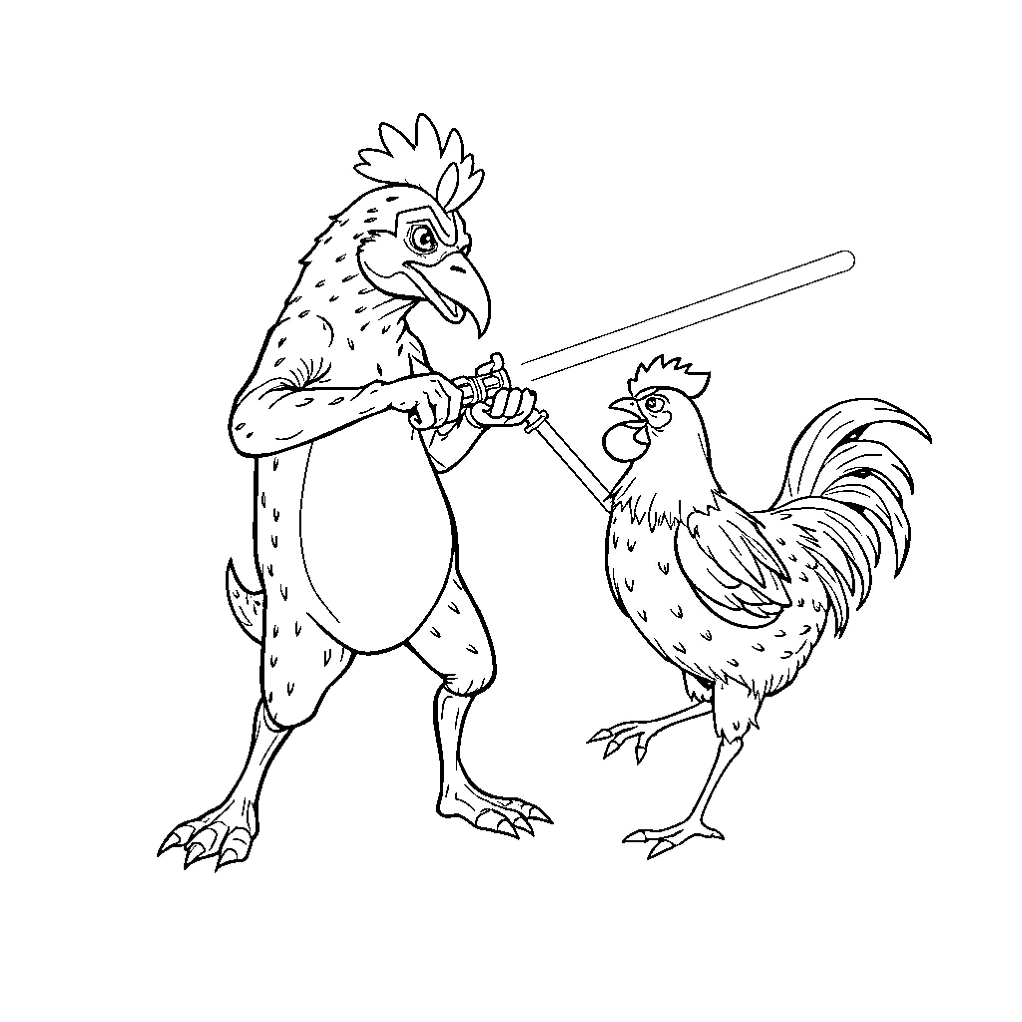 Dromedar and rooster with walking sticks Coloring Page (free black-and-white line drawing printable PDF for all, from beginners to advanced learners, including children, teens, adults, and seniors)
