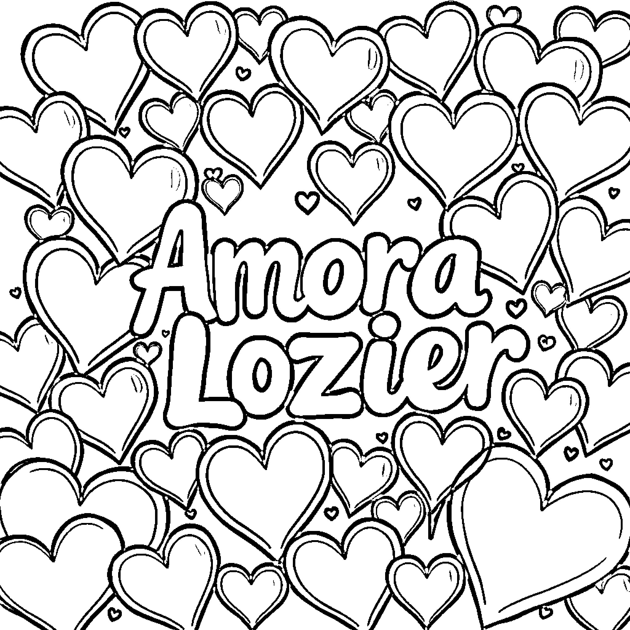 Amora Lozier: Hearts and Expressions Coloring Page (free black-and-white line drawing printable PDF for all, from beginners to advanced learners, including children, teens, adults, and seniors)
