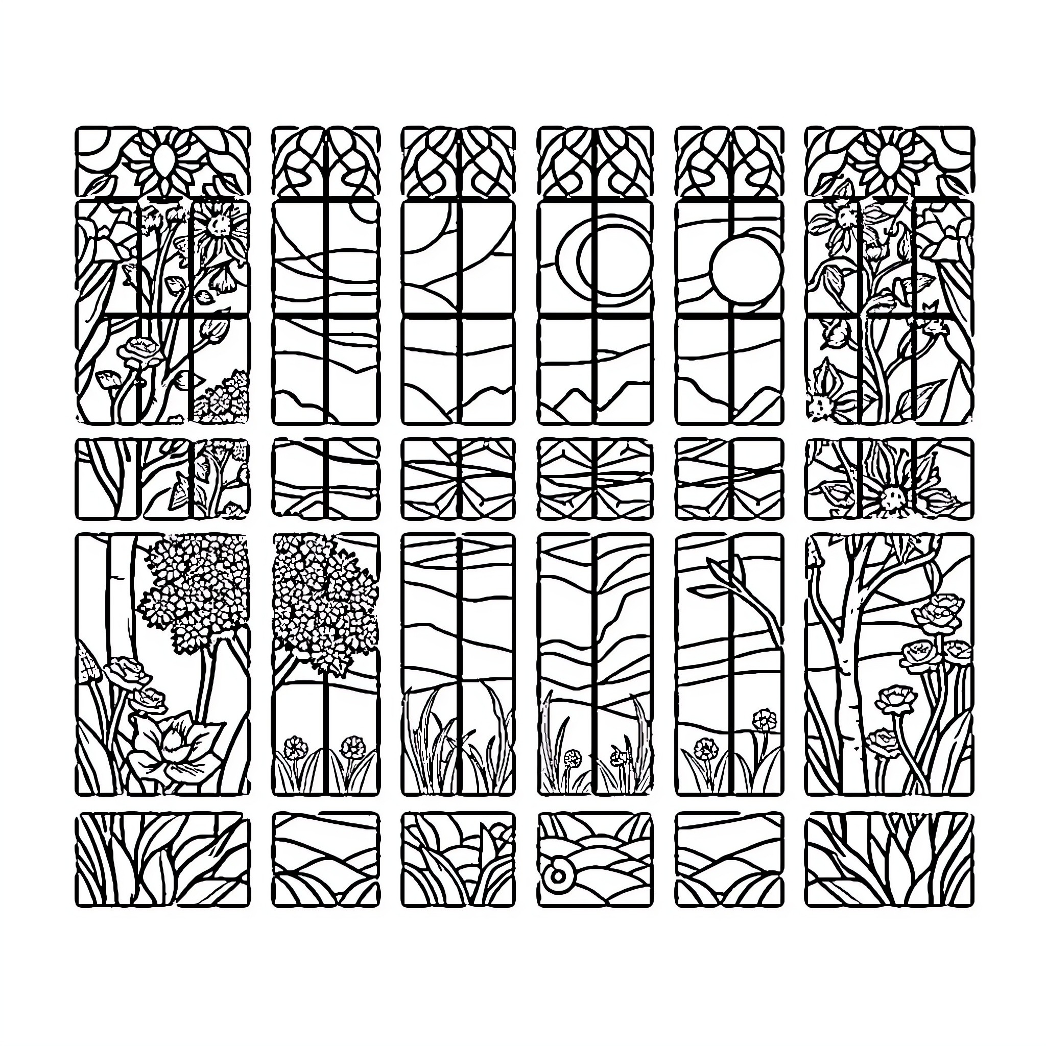 Window on Nature's Geometric Tapestry Coloring Page (free black-and-white line drawing printable PDF for all, from beginners to advanced learners, including children, teens, adults, and seniors)