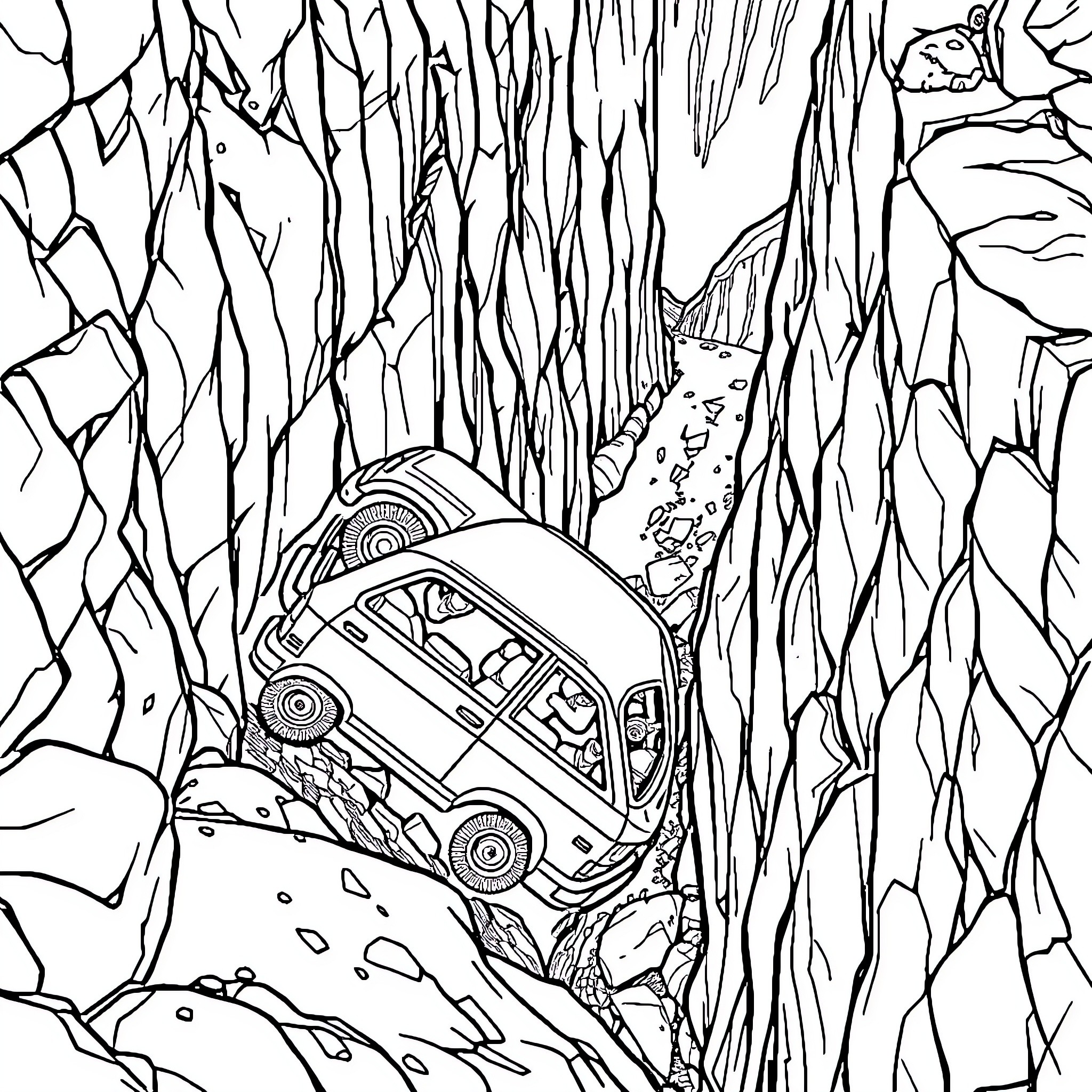 Car climbing rugged terrain Coloring Page (free black-and-white line drawing printable PDF for all, from beginners to advanced learners, including children, teens, adults, and seniors)