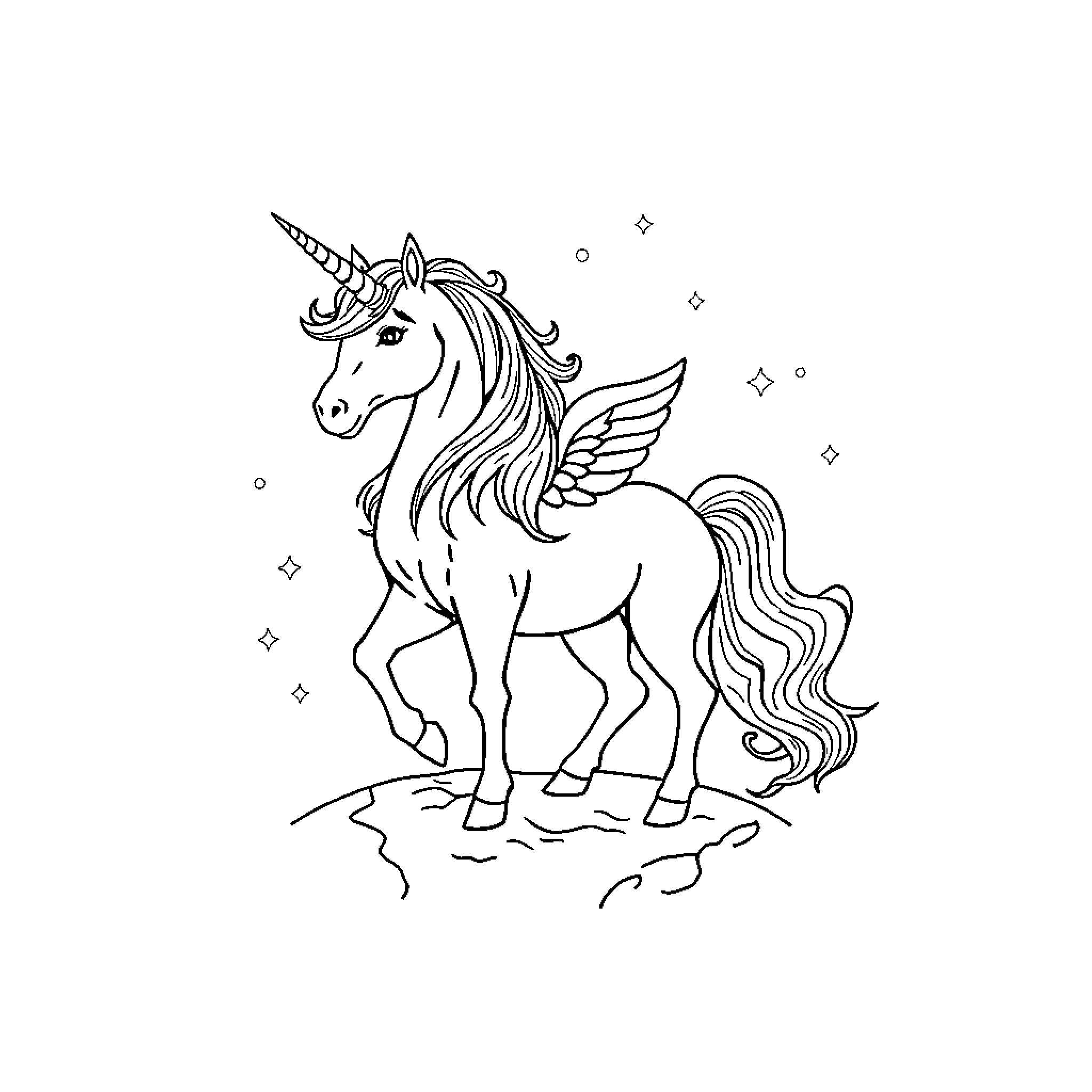 Unicorn standing in a magical scene Coloring Page (free black-and-white line drawing printable PDF for all, from beginners to advanced learners, including children, teens, adults, and seniors)